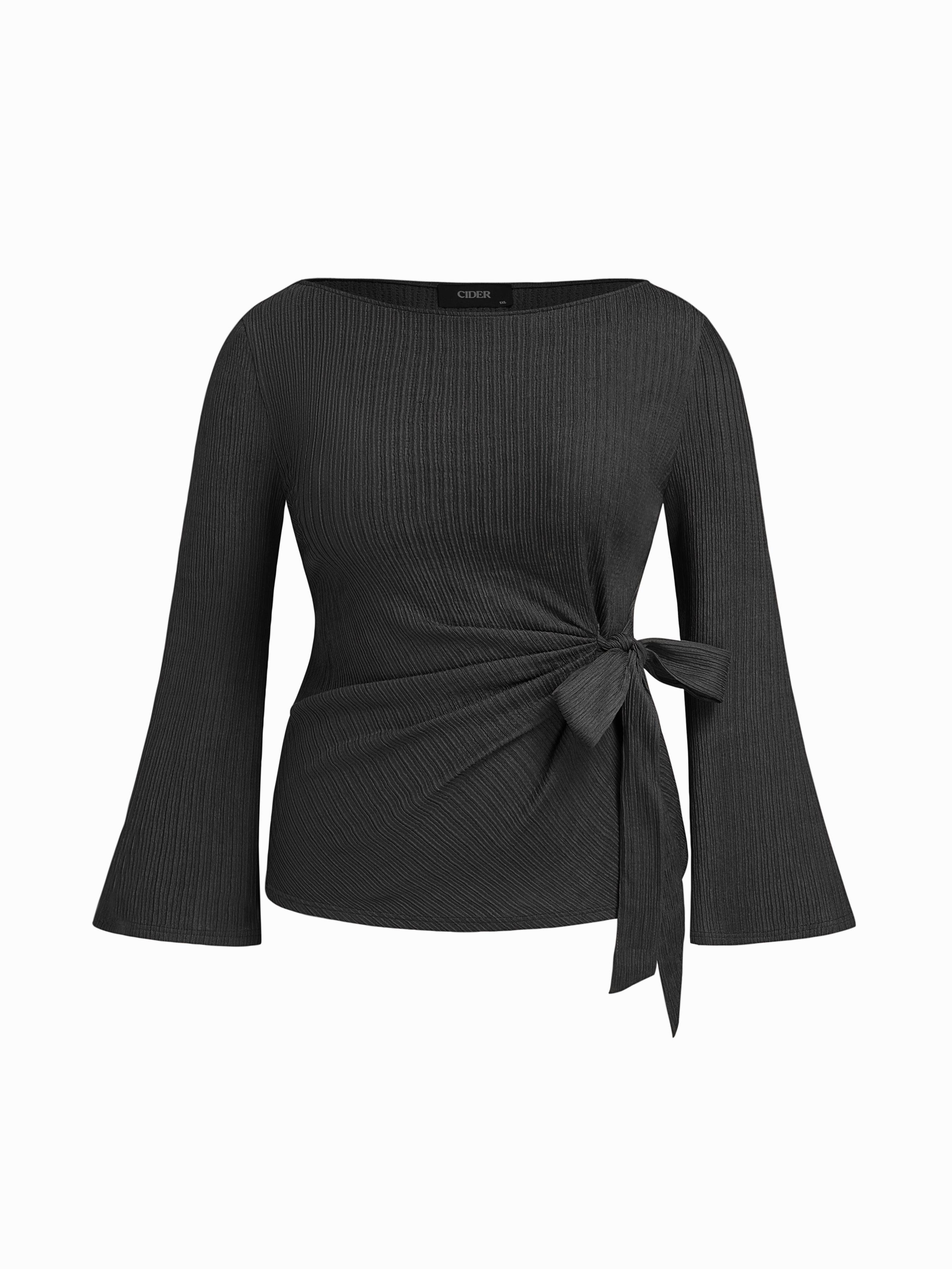 Boat Neck Textured Side Knotted Ruched Top Curve & Plus by CIDER