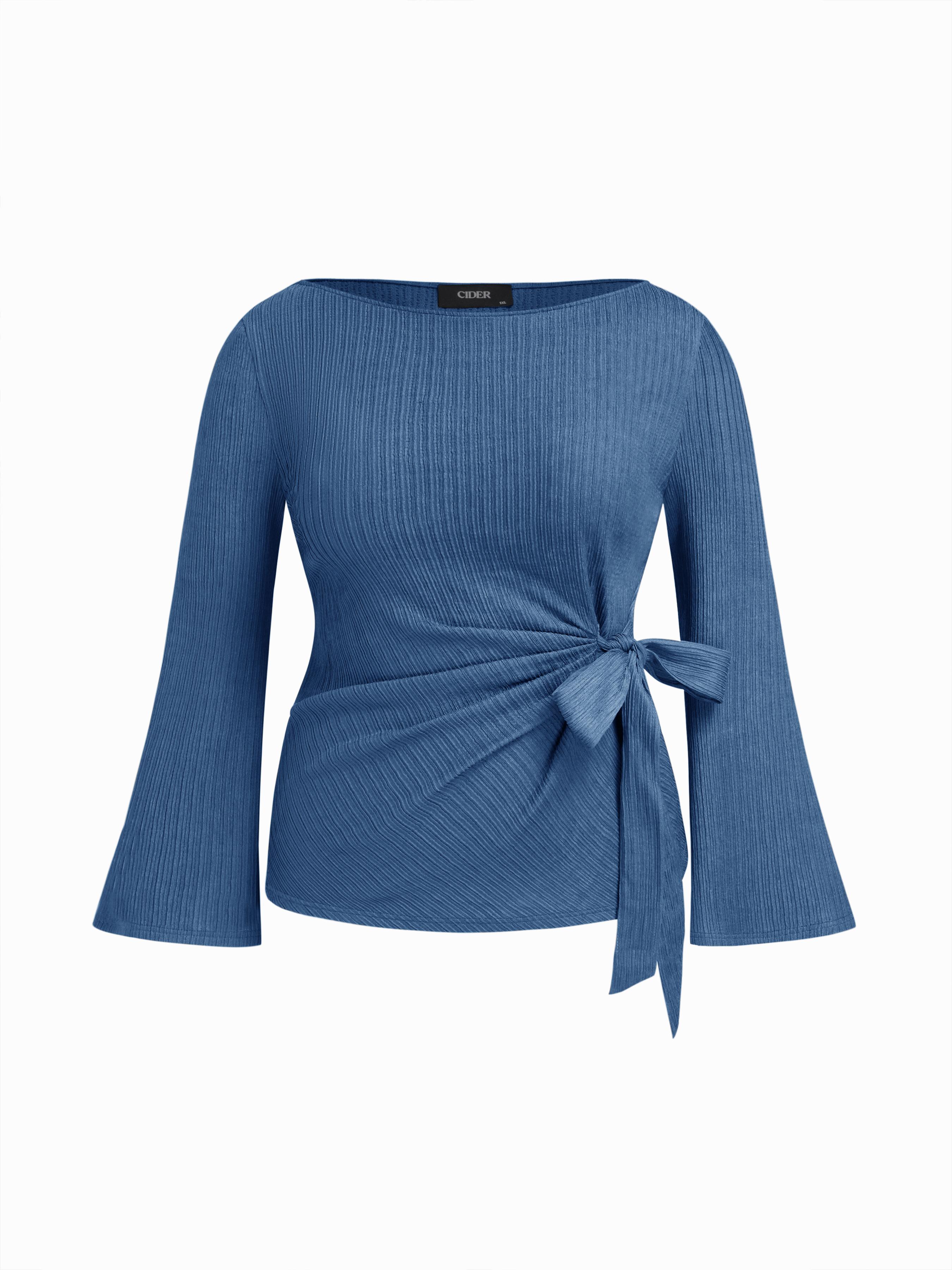Boat Neck Textured Side Knotted Ruched Top Curve & Plus by CIDER