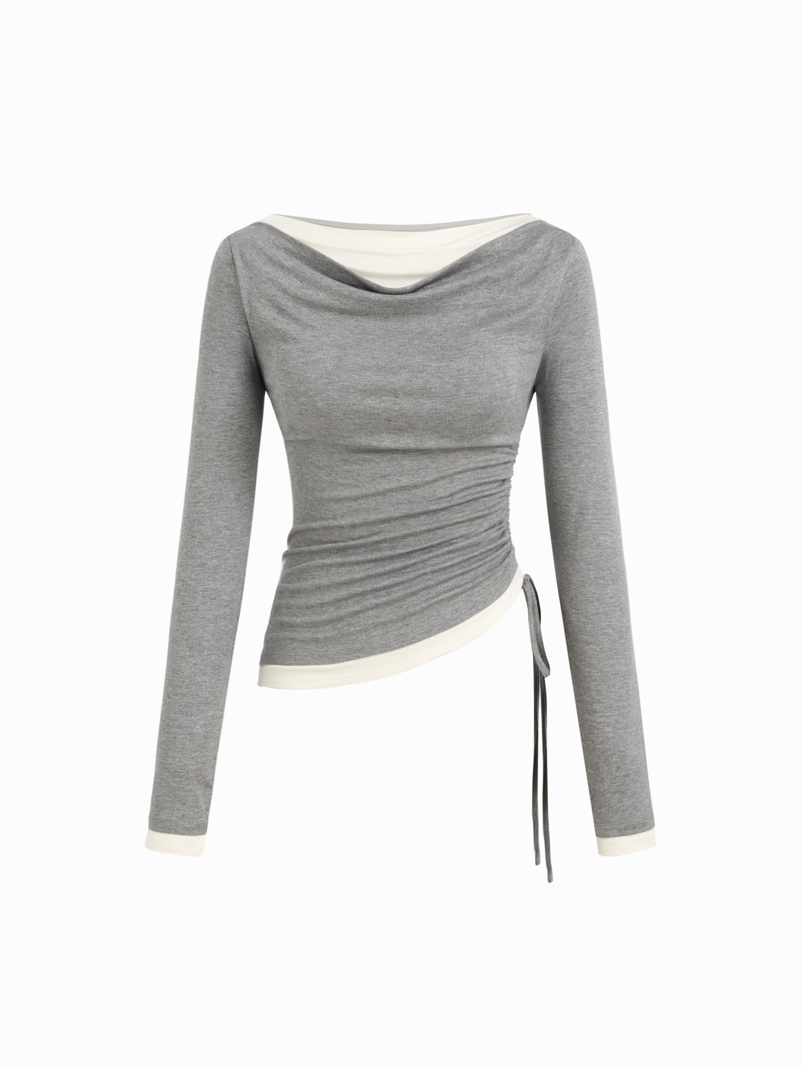Boat Neck Two Tone Drawstring Ruched Asymmetrical Hem Top by CIDER