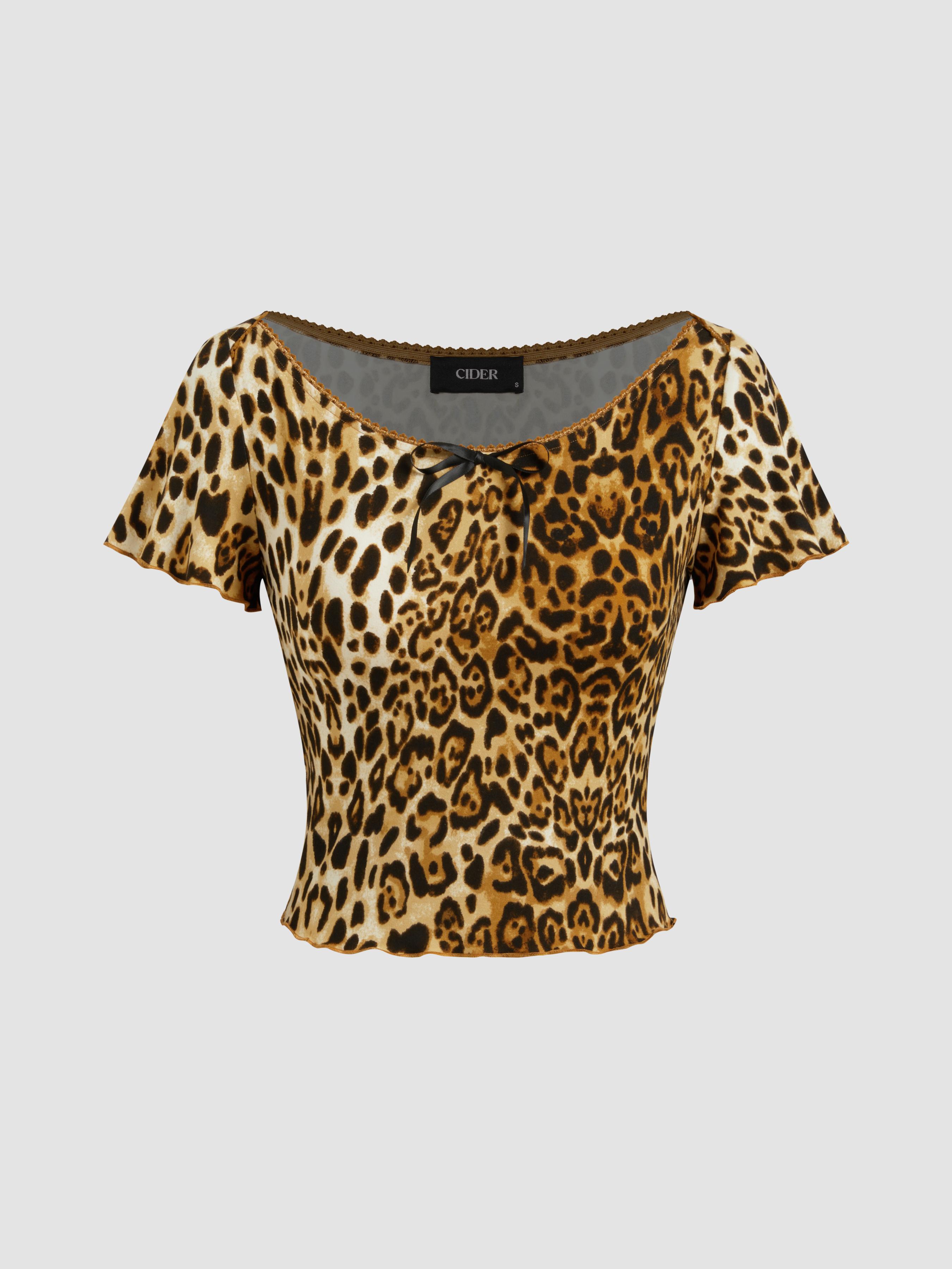 Boat Neckline Leopard Bowknot Crop Short Sleeve Tee by CIDER