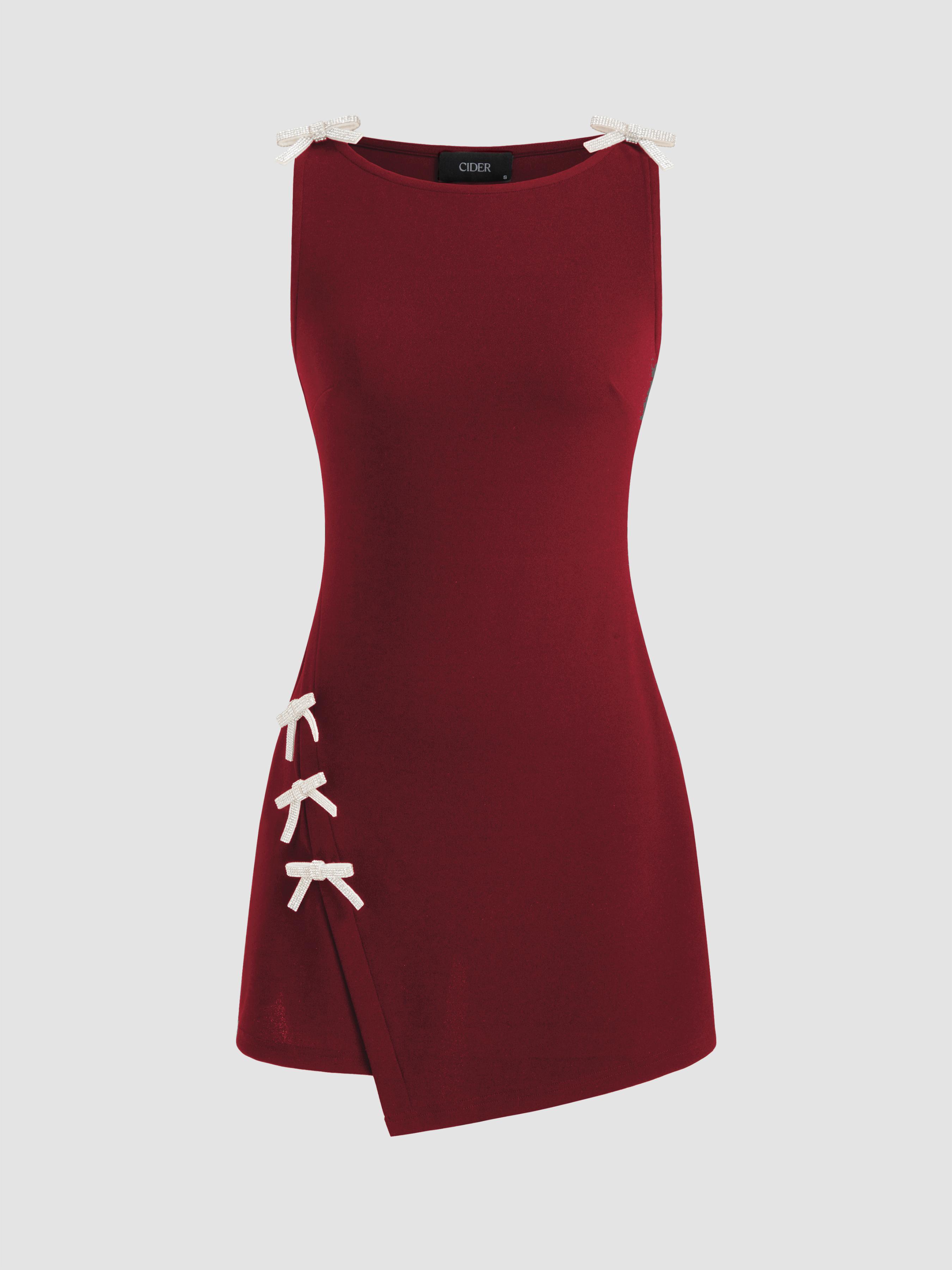 Boat Neckline Solid Bowknot Wrap Mini Dress by CIDER