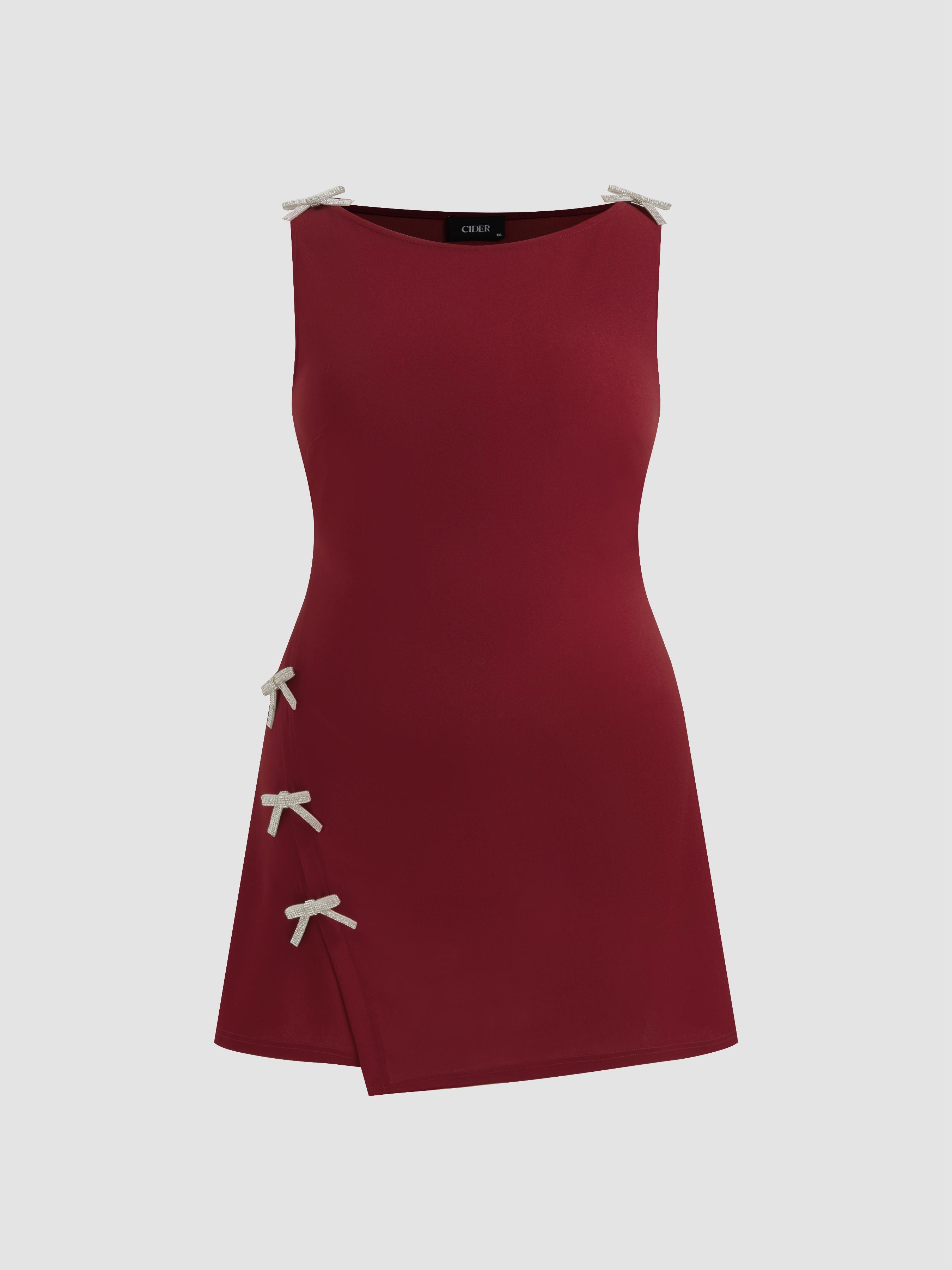 Boat Neckline Solid Bowknot Wrap Mini Dress Curve & Plus by CIDER