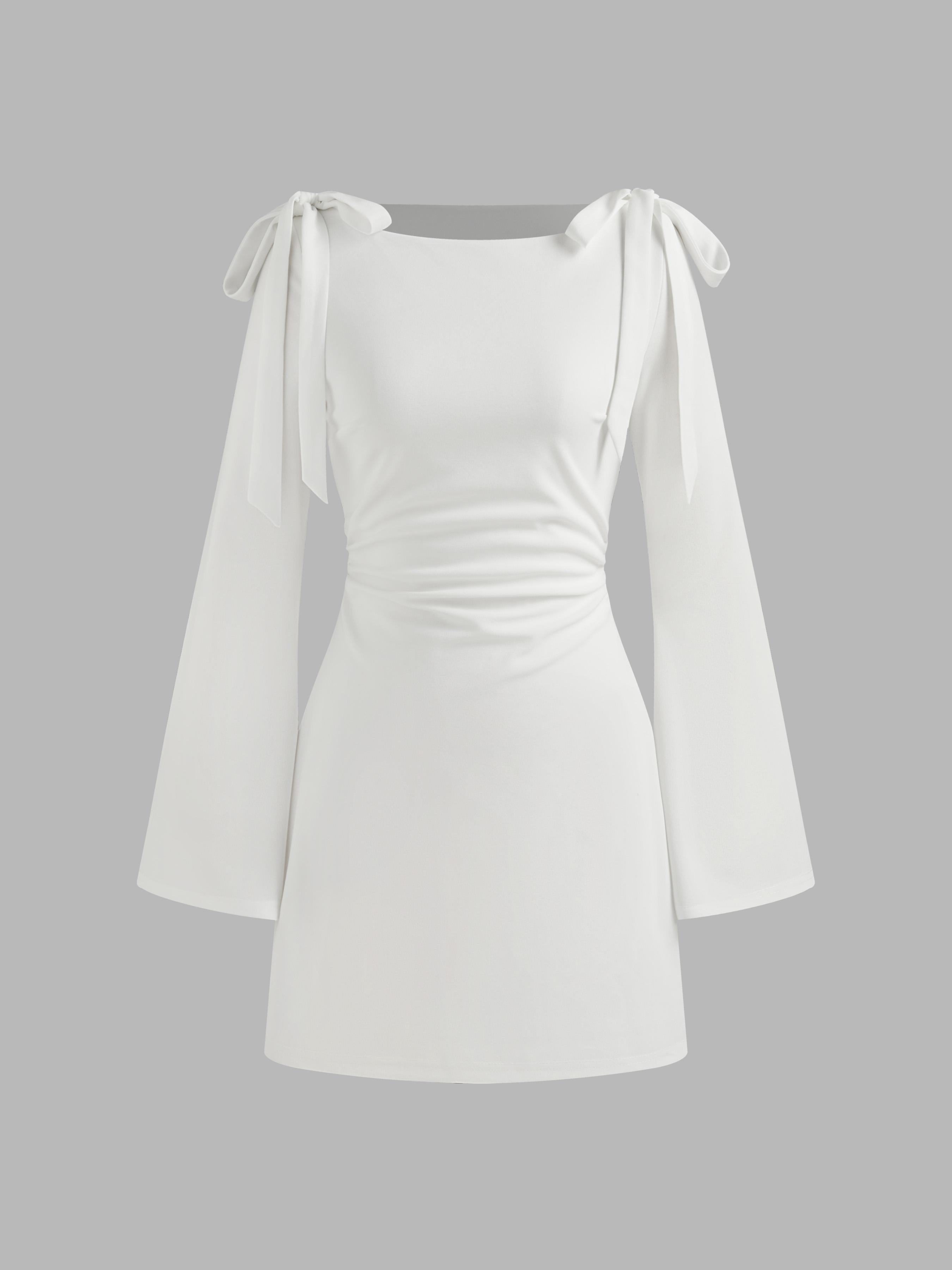 Boat Neckline Solid Ruched Bowknot Mini Dress by CIDER