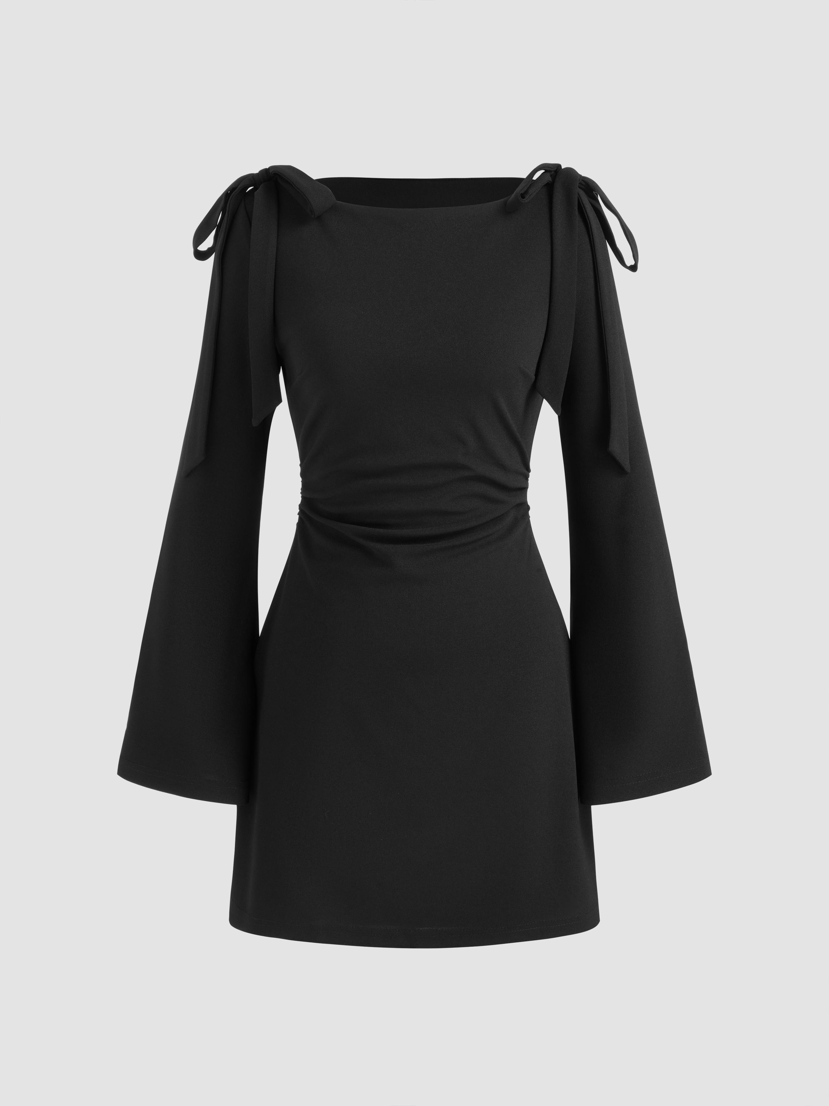 Boat Neckline Solid Ruched Bowknot Mini Dress by CIDER