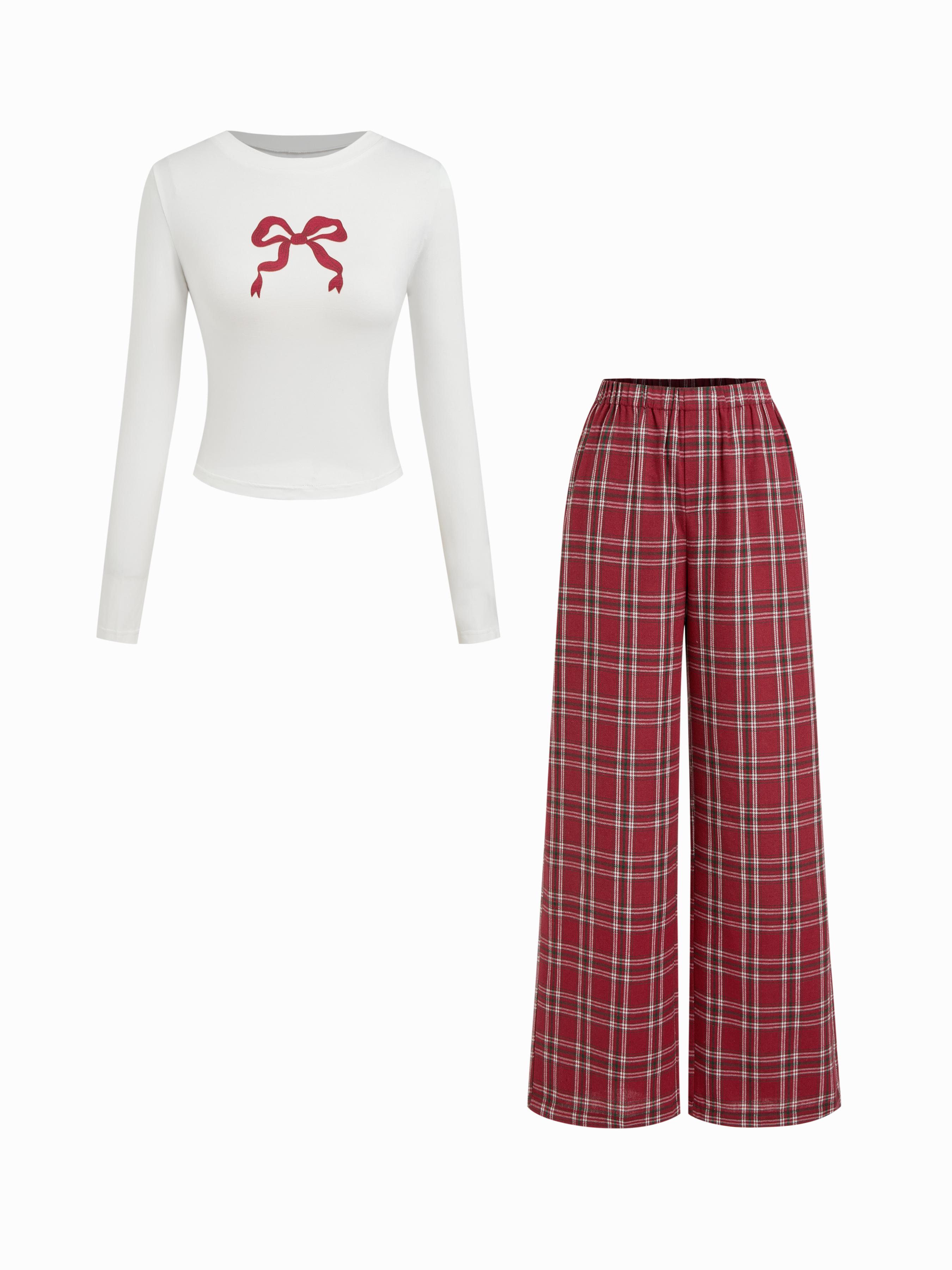 Bowknot Graphic Round Neckline Top & Plaid Mid Rise Elastic Waist Straight Leg Trousers Loungewear Set by CIDER