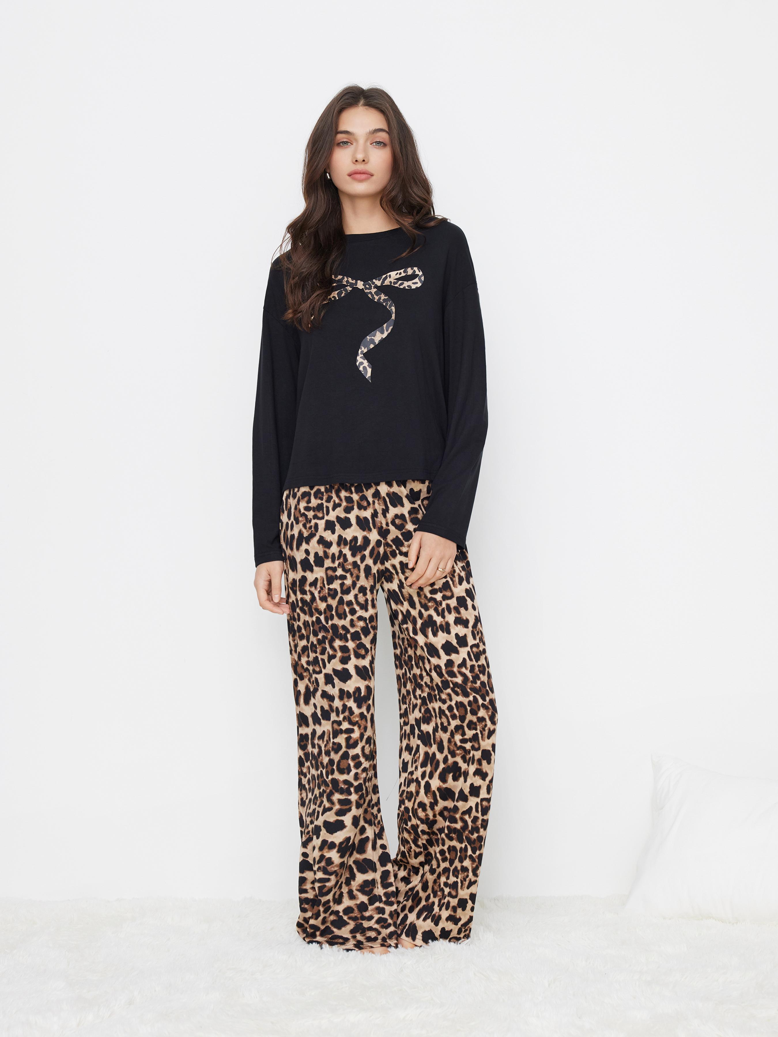Bowknot Leopard Print Long Sleeve Top & Mid Rise Elastic Waist Wide Leg Trousers Loungewear Set by CIDER
