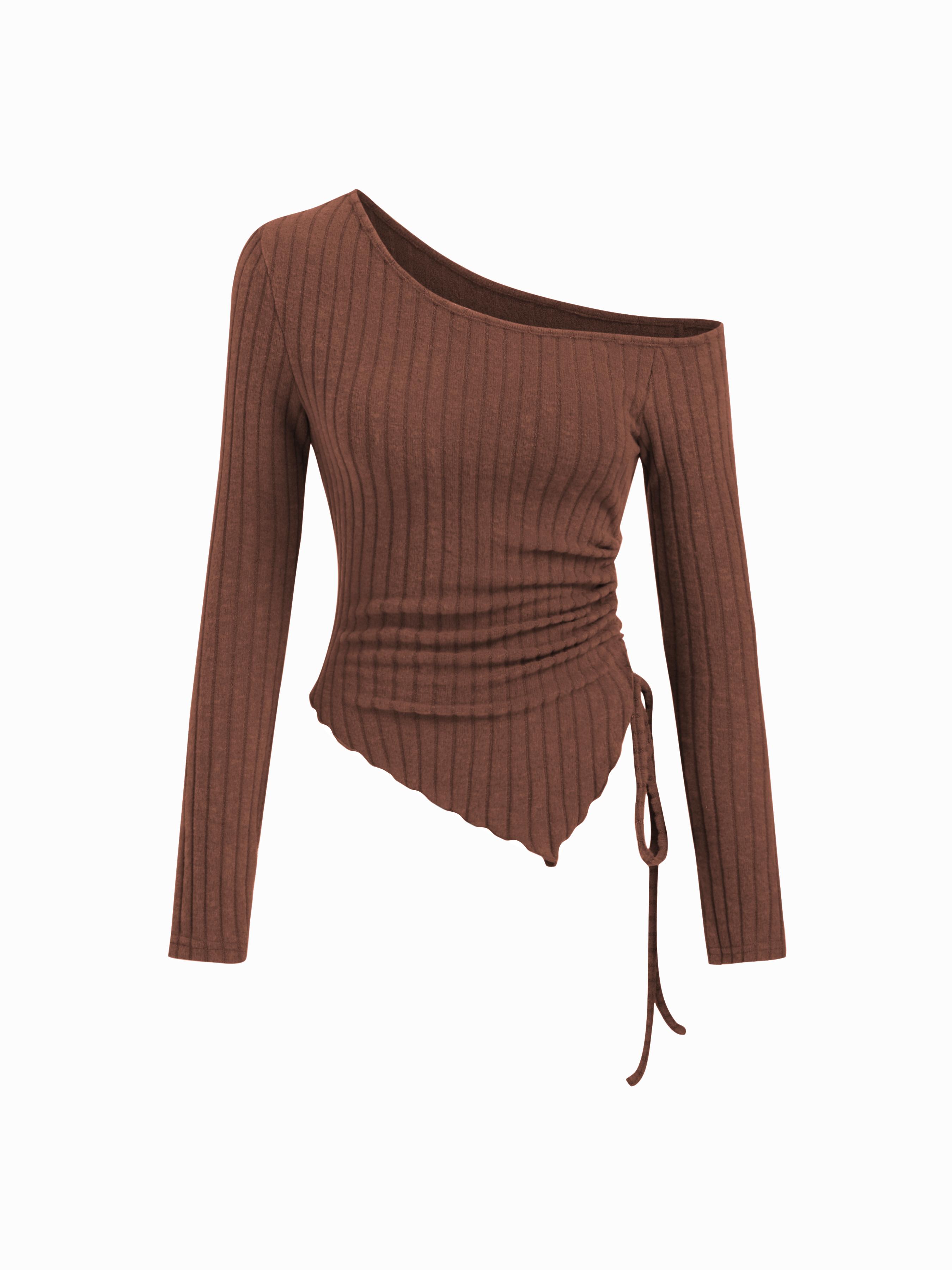Brushed Fabric Asymmetrical Neck Hanky Hem Ruched Drawstring Top by CIDER