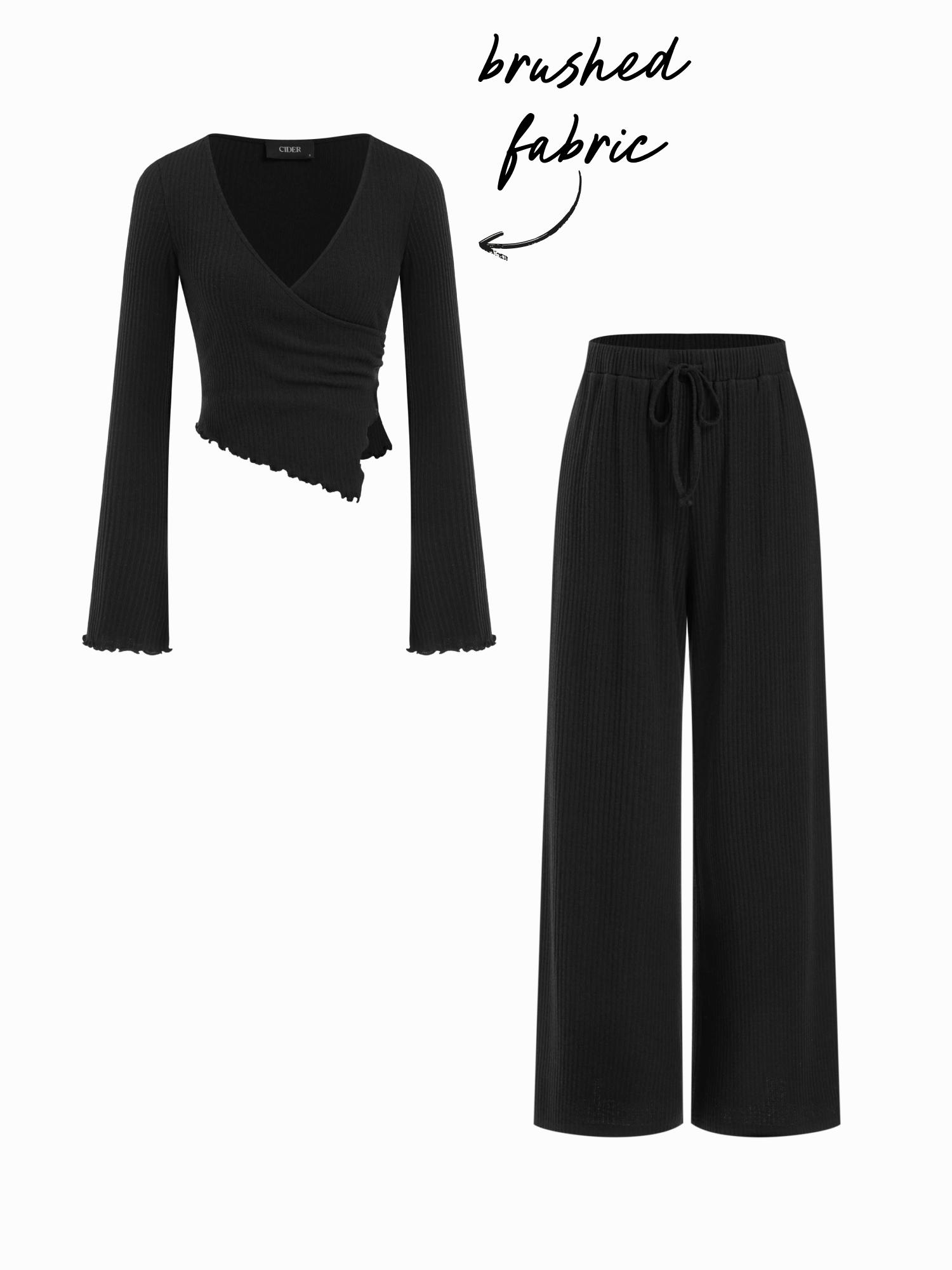 Brushed Fabric V-neck Bell Sleeve Ruched Asymmetrical Top & Straight Leg Trousers Set by CIDER