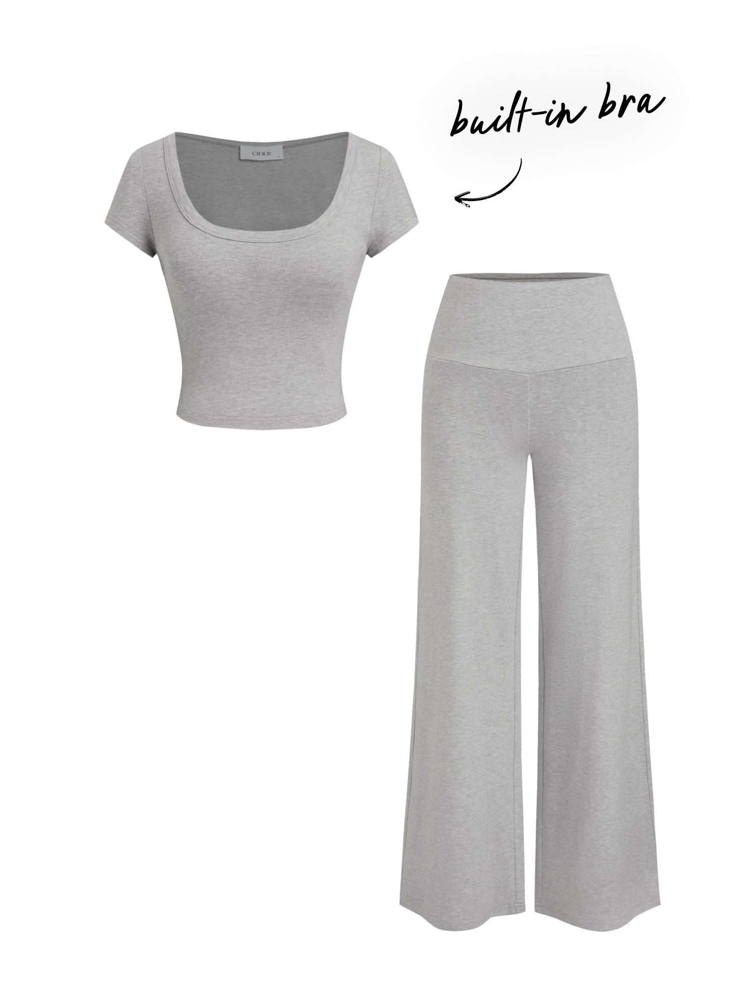 Built-in Bra Scoop Neckline Top & Mid Rise Straight Leg Trousers Loungewear Set by CIDER