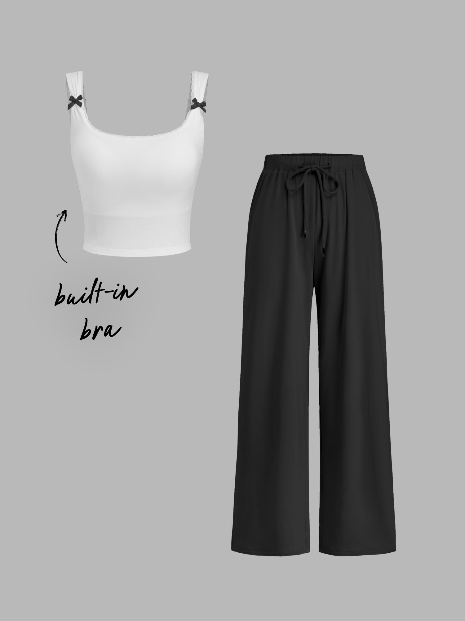 Built-in Bra Square Neck Bowknot Lace Trim Crop Tank Top & Mid Rise Drawstring Wide Leg Trousers Loungewear Set by CIDER