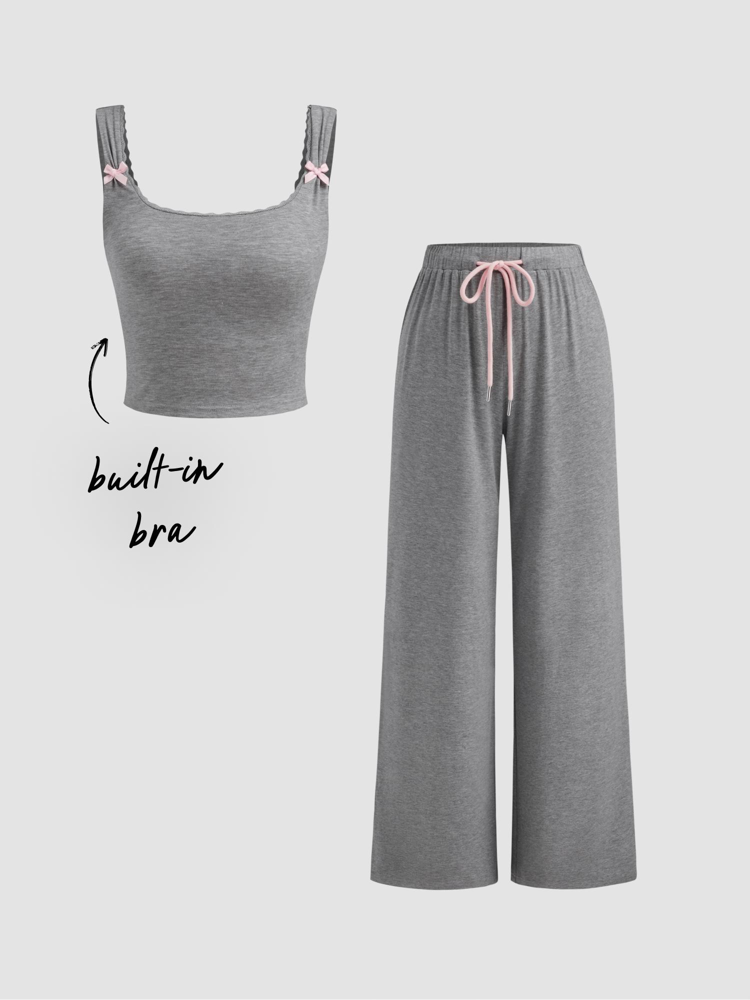 Built-in Bra Square Neck Bowknot Lace Trim Crop Tank Top & Mid Rise Drawstring Wide Leg Trousers Loungewear Set by CIDER