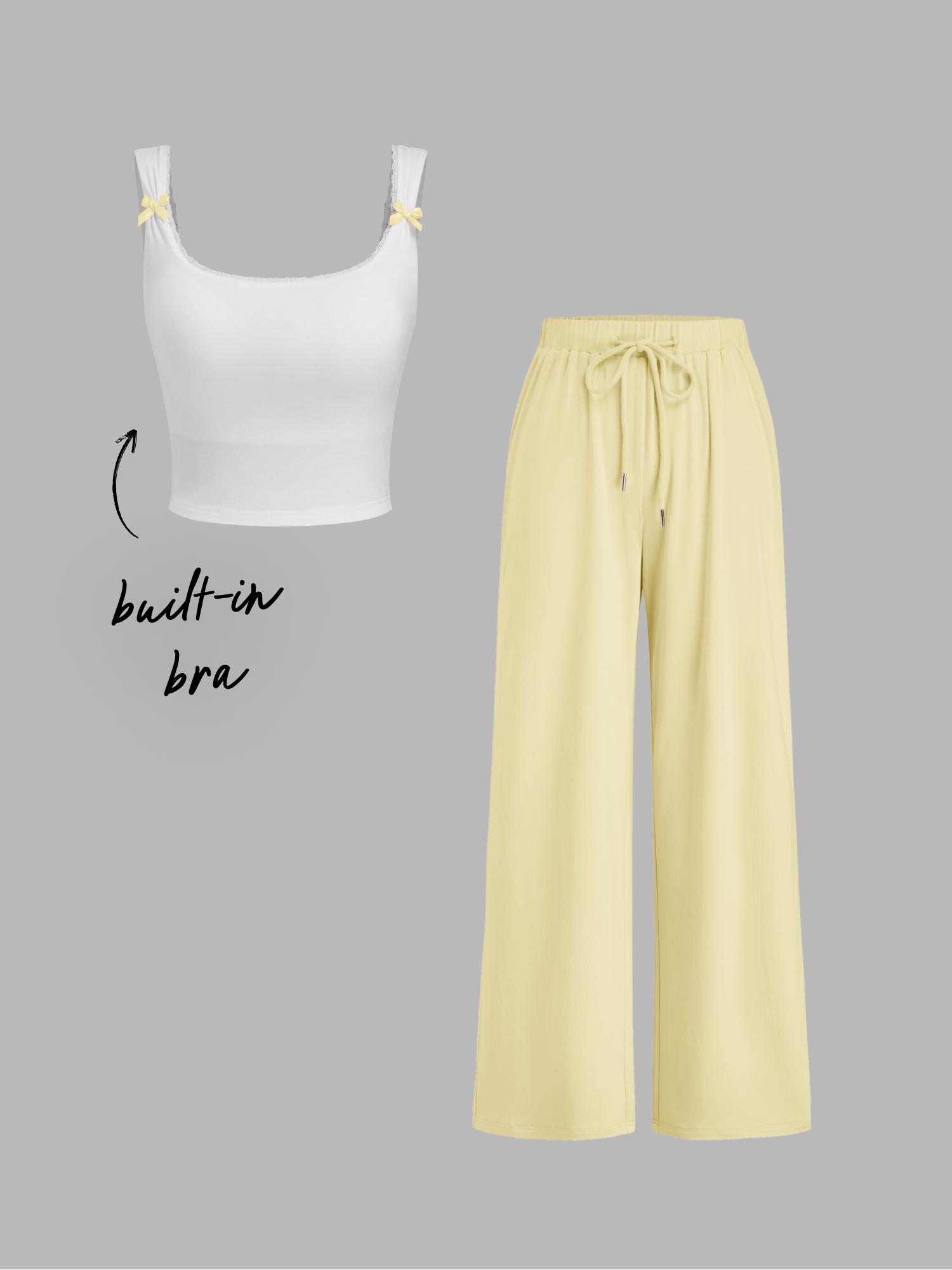 Built-in Bra Square Neck Bowknot Lace Trim Crop Tank Top & Mid Rise Drawstring Wide Leg Trousers Loungewear Set by CIDER
