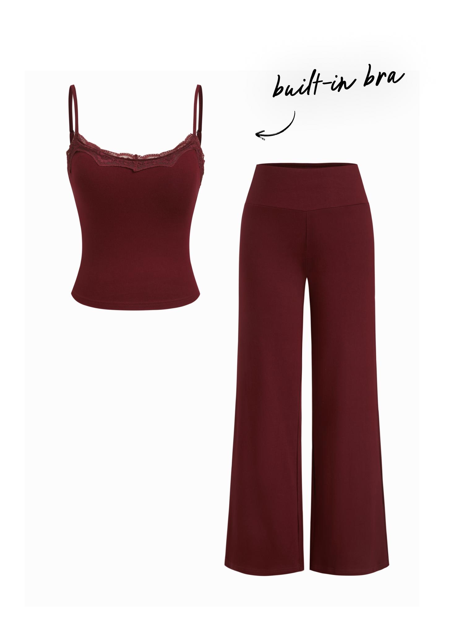 Built-in Bra Square Neck Lace Trim Cami Top & Mid Rise Straight Leg Trousers Loungewear Set by CIDER