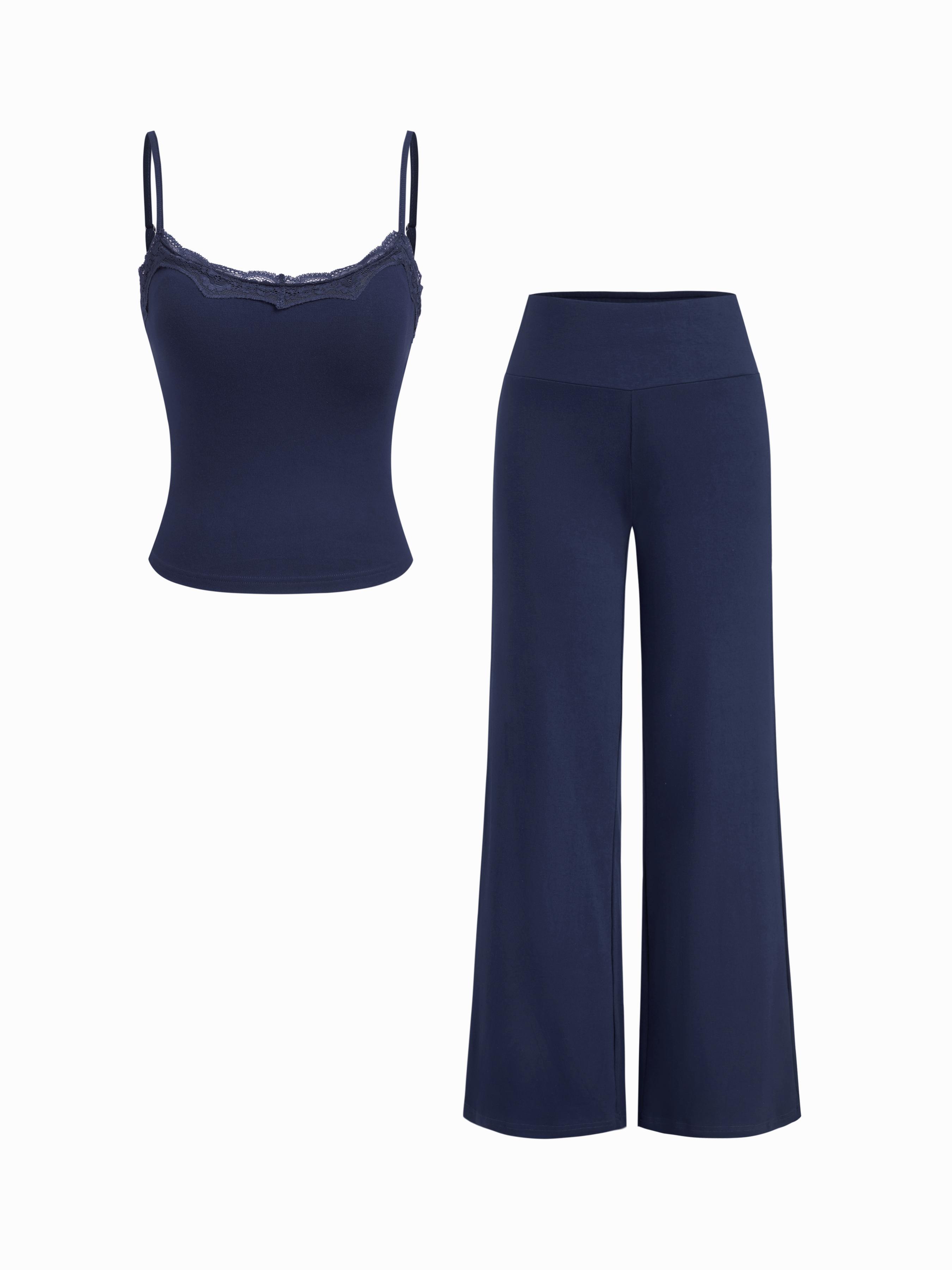 Built-in Bra Square Neck Lace Trim Cami Top & Mid Rise Straight Leg Trousers Loungewear Set by CIDER