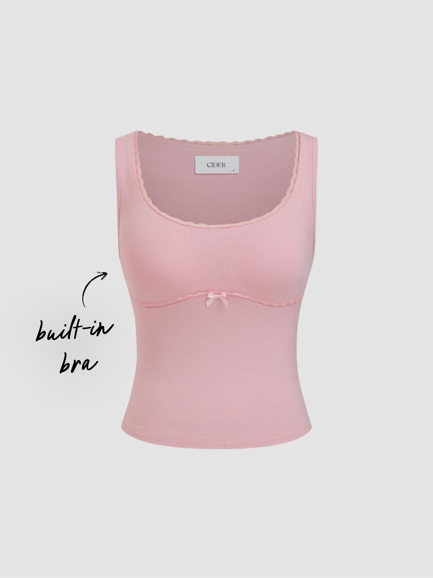 Built-in Bra U-neckline Bowknot Lace Trim Tank Top by CIDER