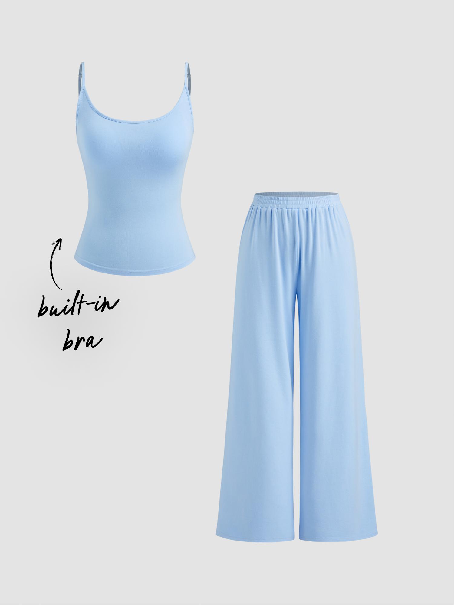 Built-in Bra U-neckline Cami Top & Mid Rise Wide Leg Trousers Loungewear Set by CIDER