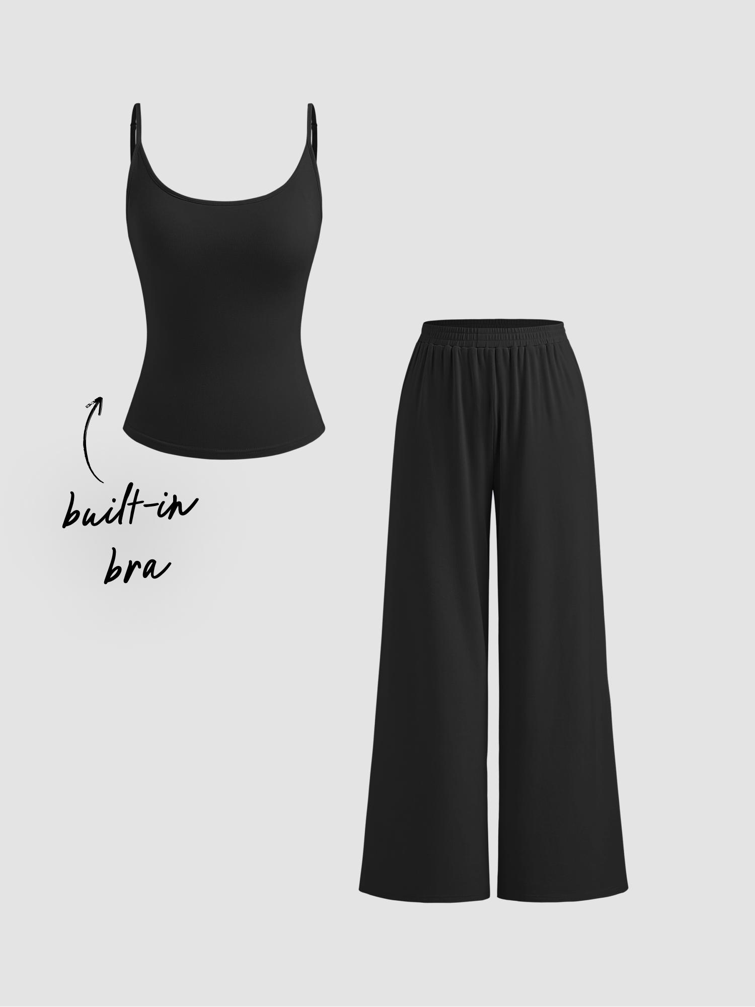 Built-in Bra U-neckline Cami Top & Mid Rise Wide Leg Trousers Loungewear Set by CIDER