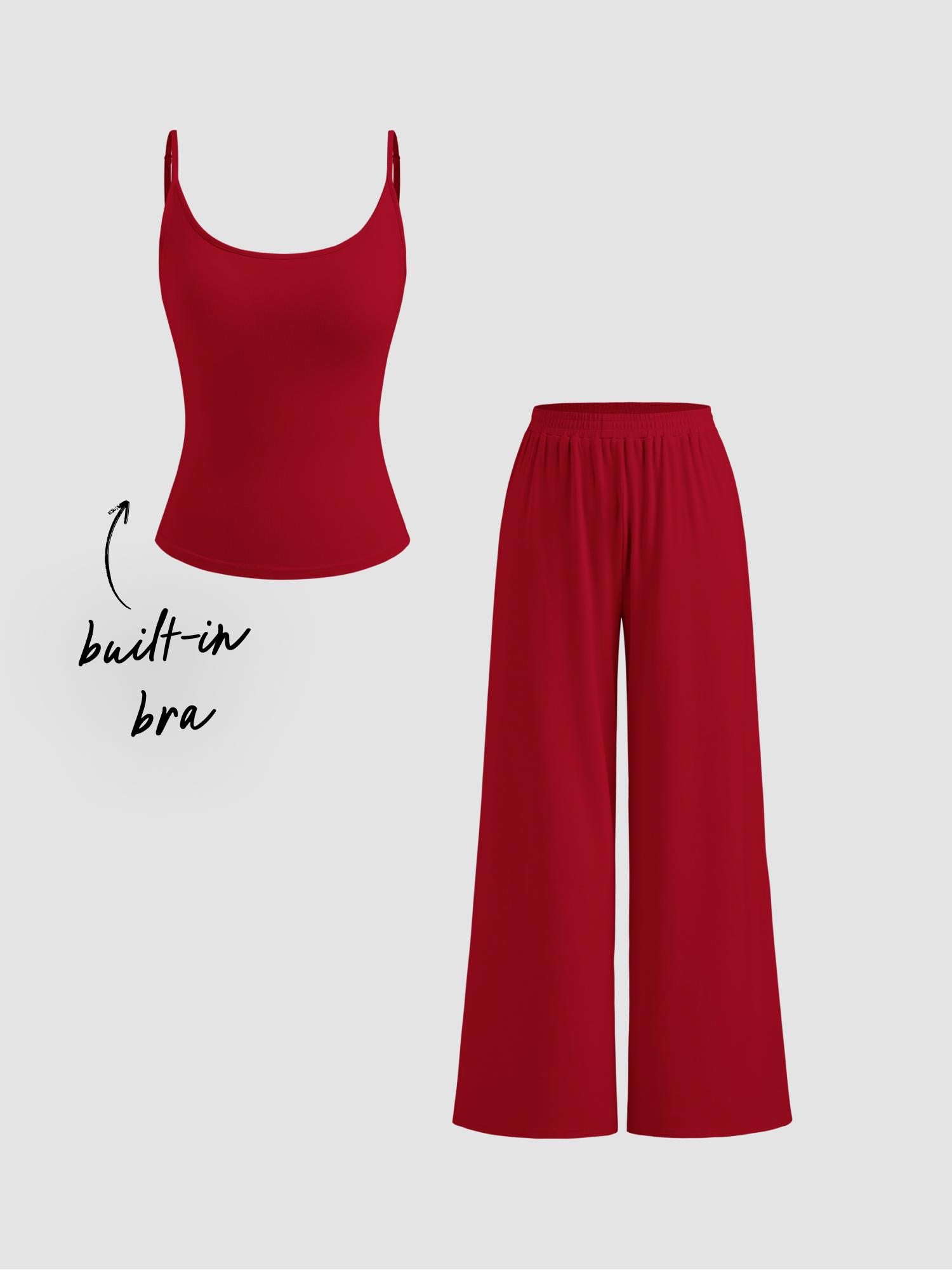 Built-in Bra U-neckline Cami Top & Mid Rise Wide Leg Trousers Loungewear Set by CIDER