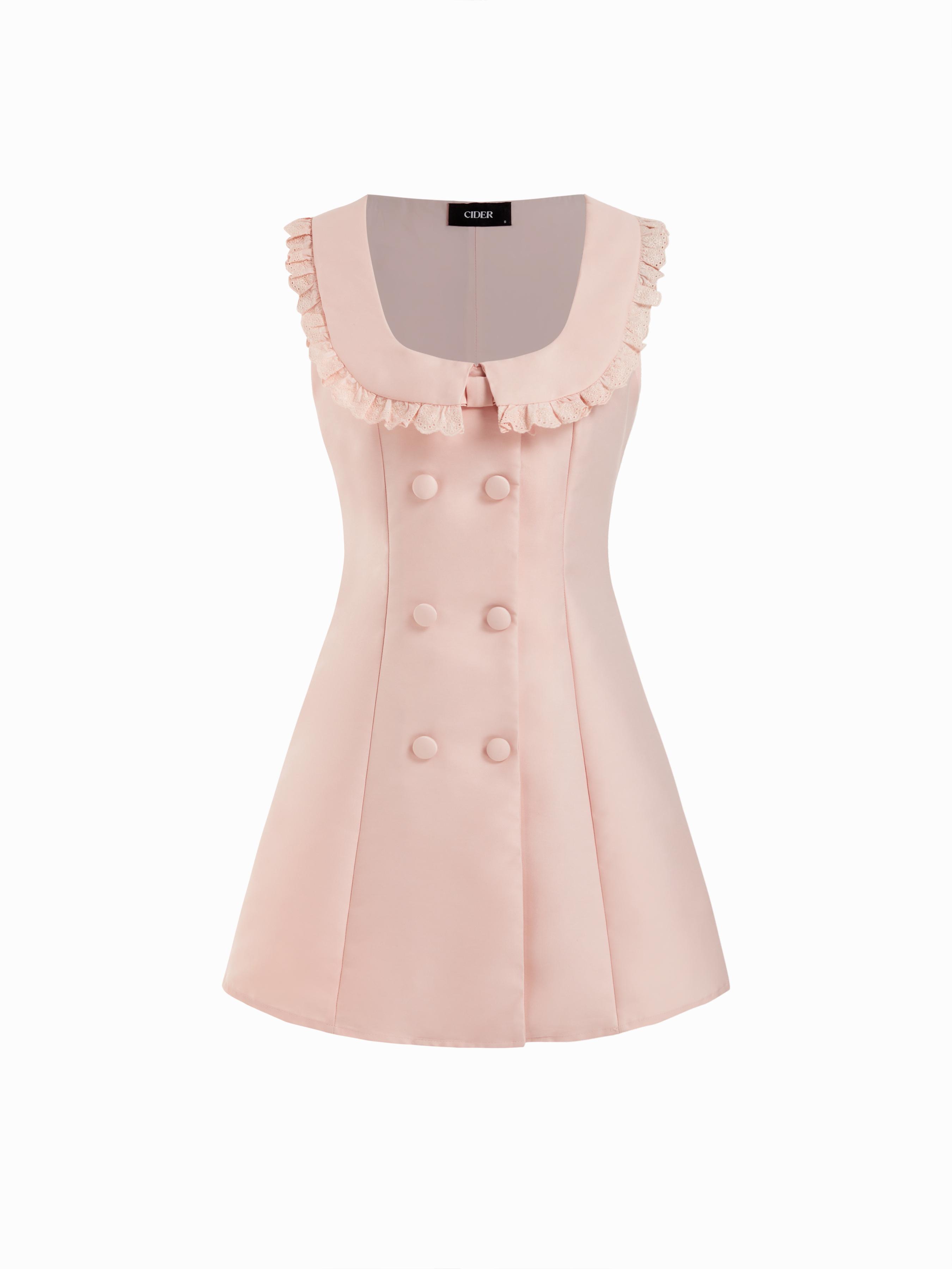 Button-front Ruffled Lace Collar Sleeveless Mini Dress by CIDER