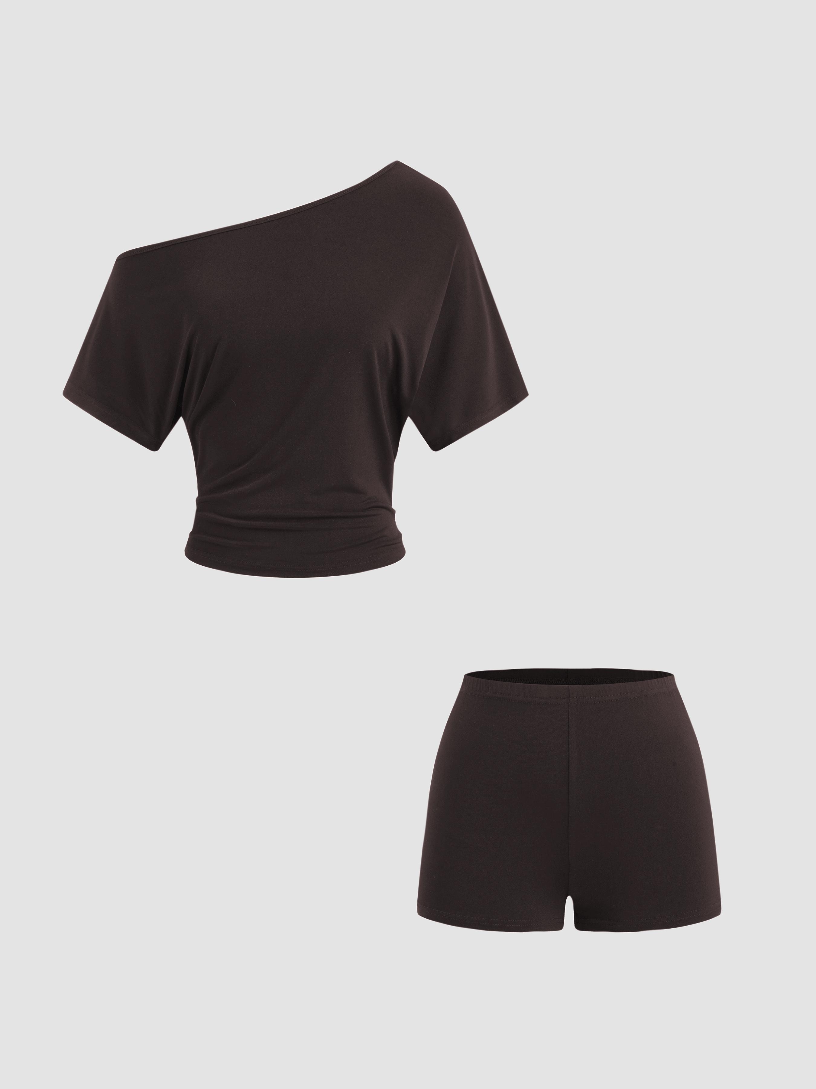 CDR Asymmetrical Neck Ruched Top & Mid Rise Micro Shorts Set by CIDER