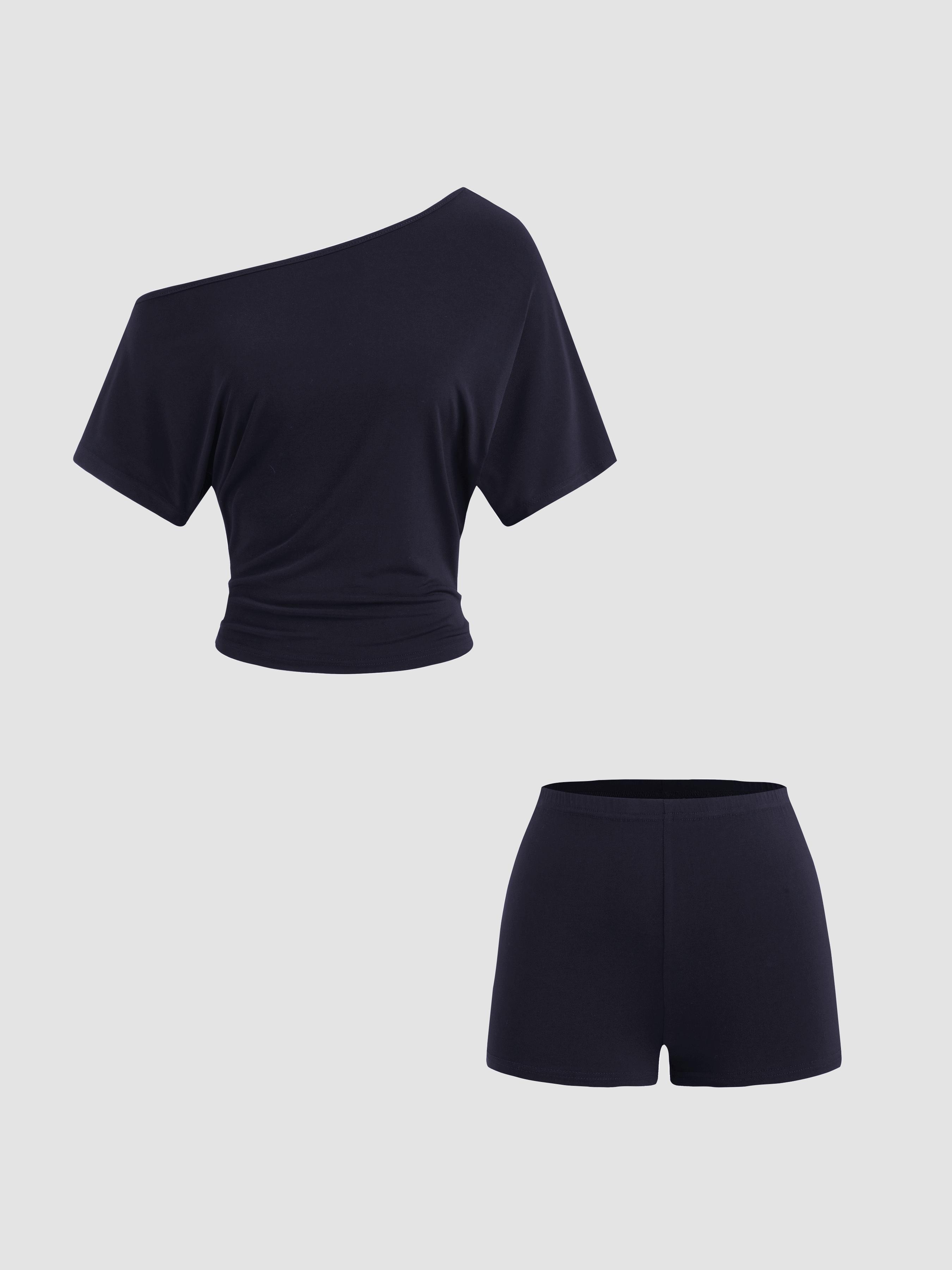 CDR Asymmetrical Neck Ruched Top & Mid Rise Micro Shorts Set by CIDER