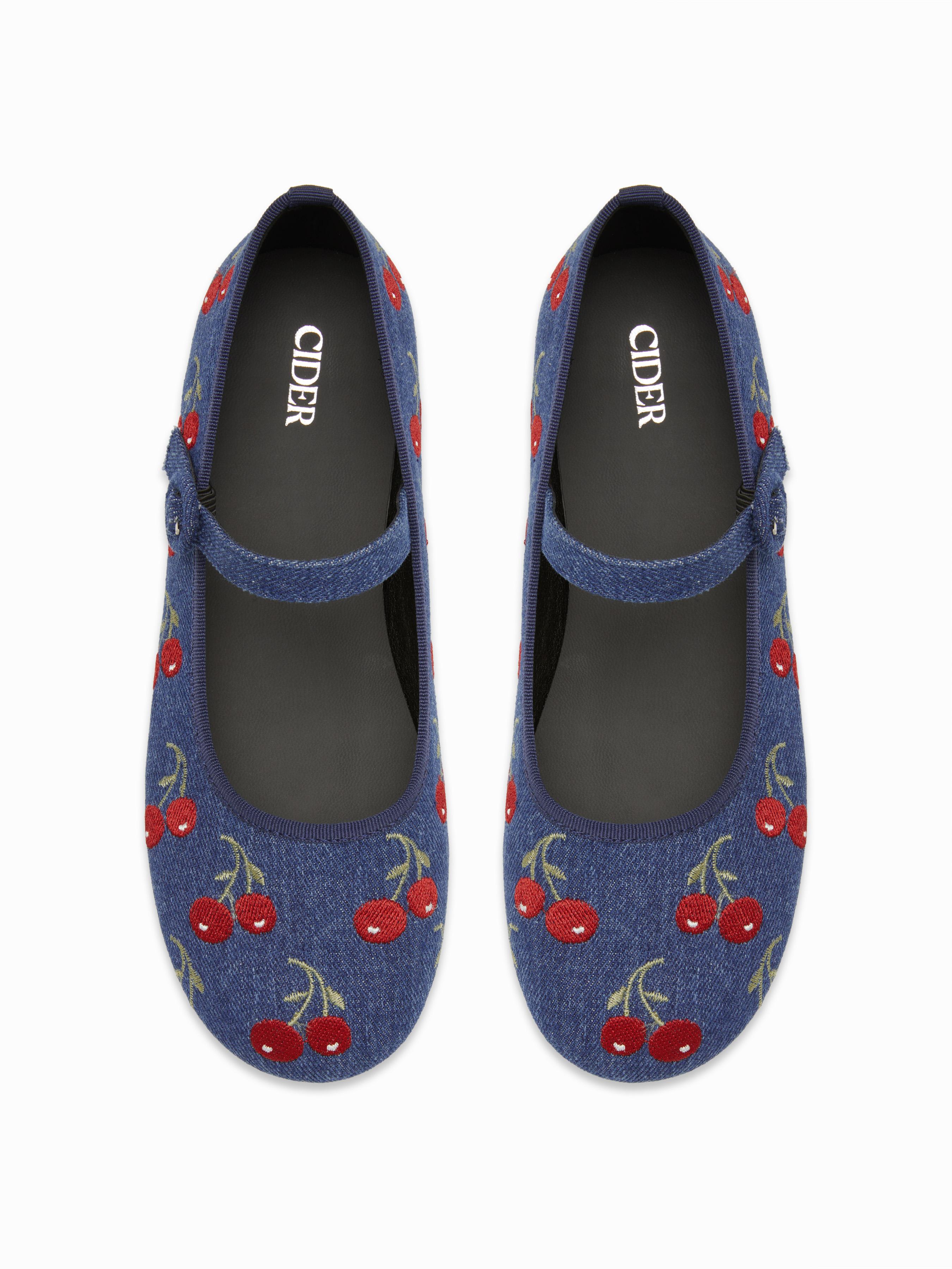 CHERRY EMBROIDERED MARY JANE FLATS by CIDER