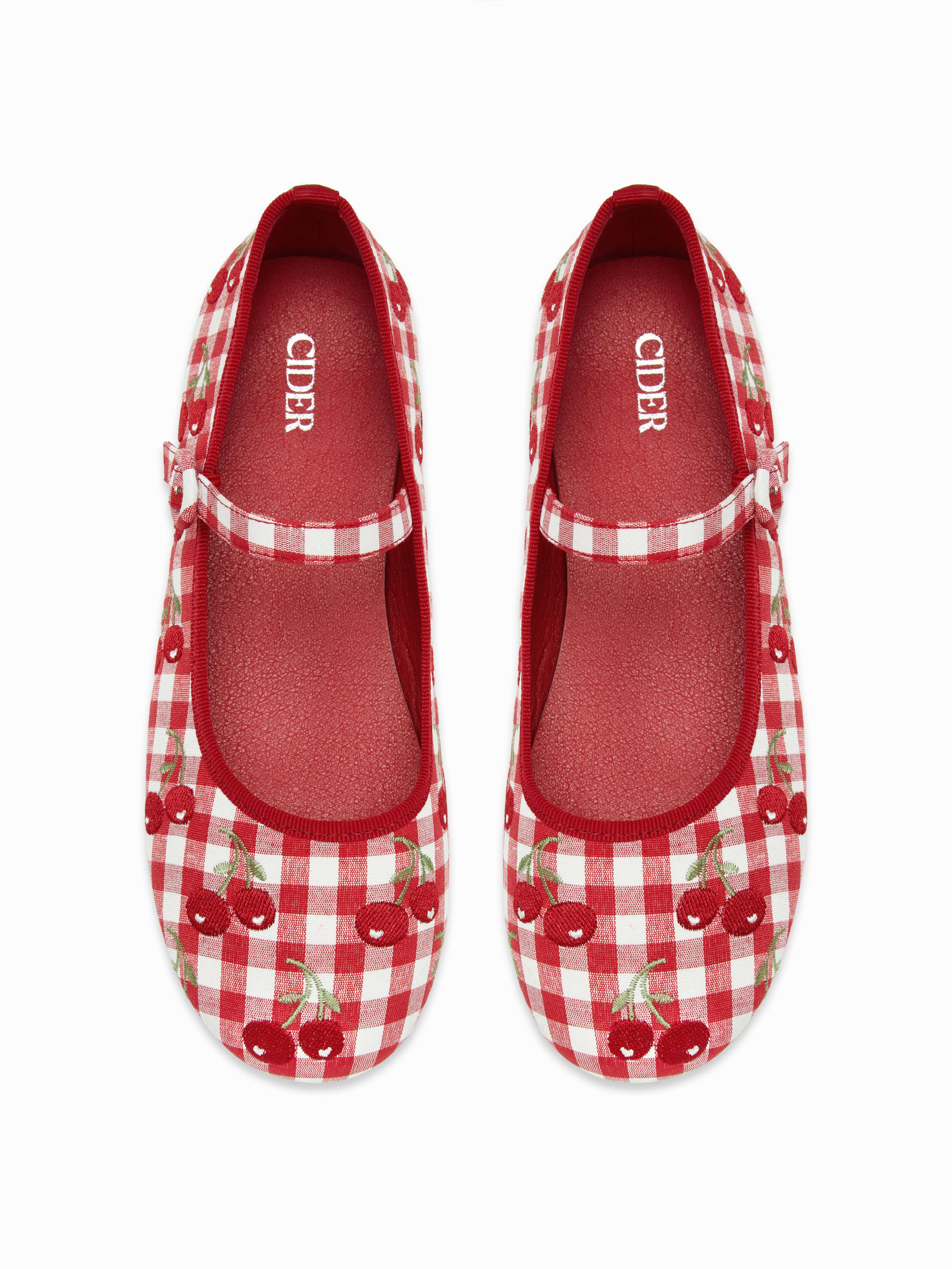 CHERRY EMBROIDERED MARY JANE FLATS by CIDER