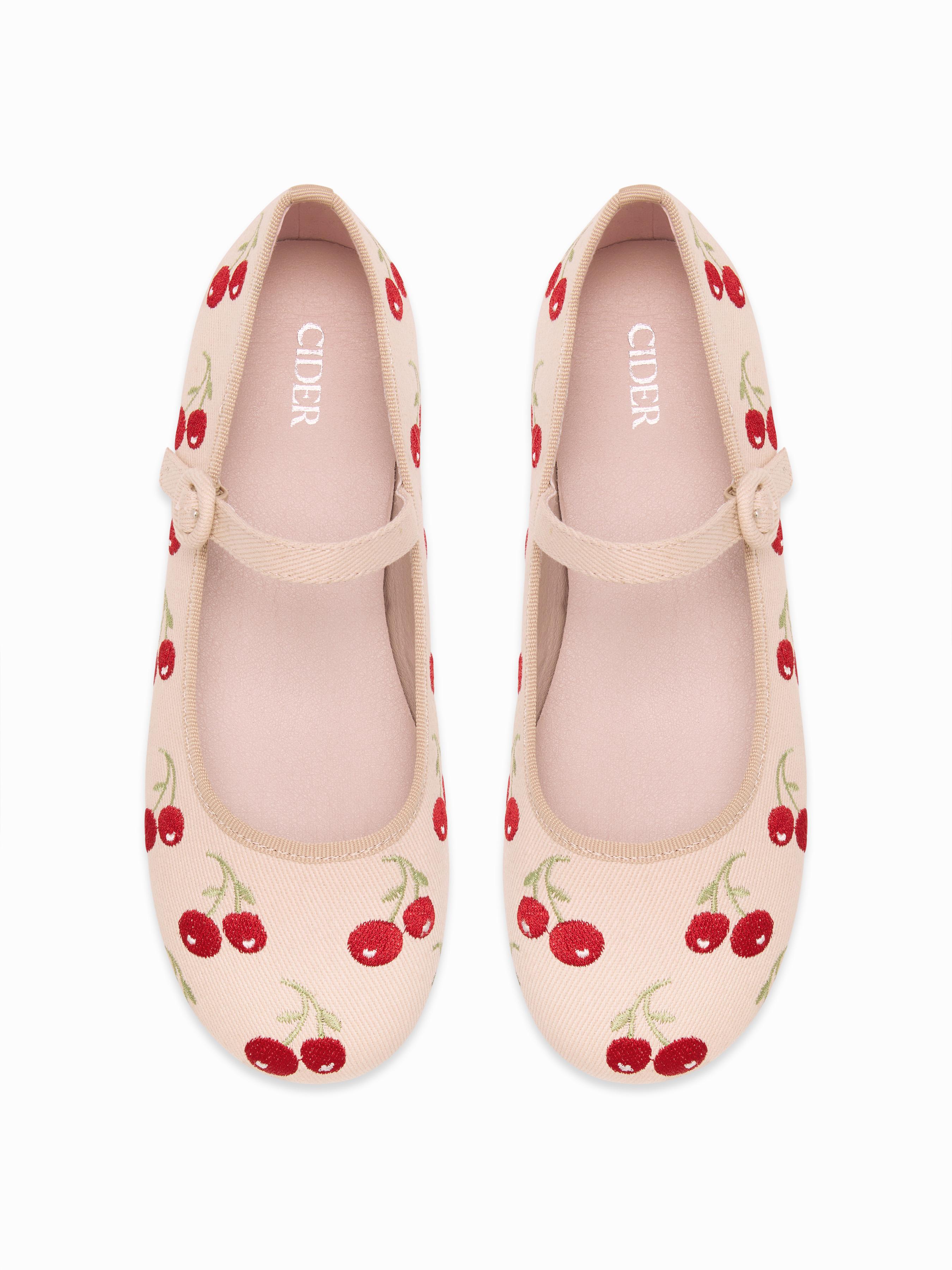 CHERRY EMBROIDERED MARY JANE FLATS by CIDER