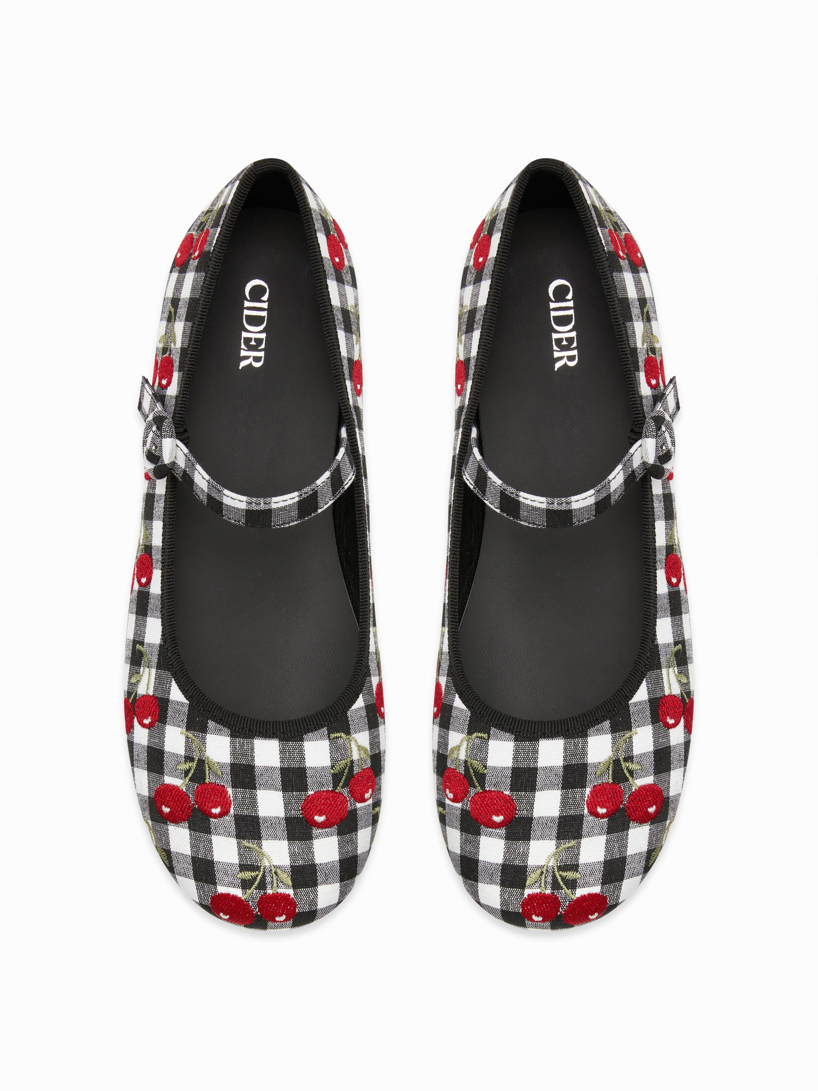 CHERRY EMBROIDERED MARY JANE FLATS by CIDER