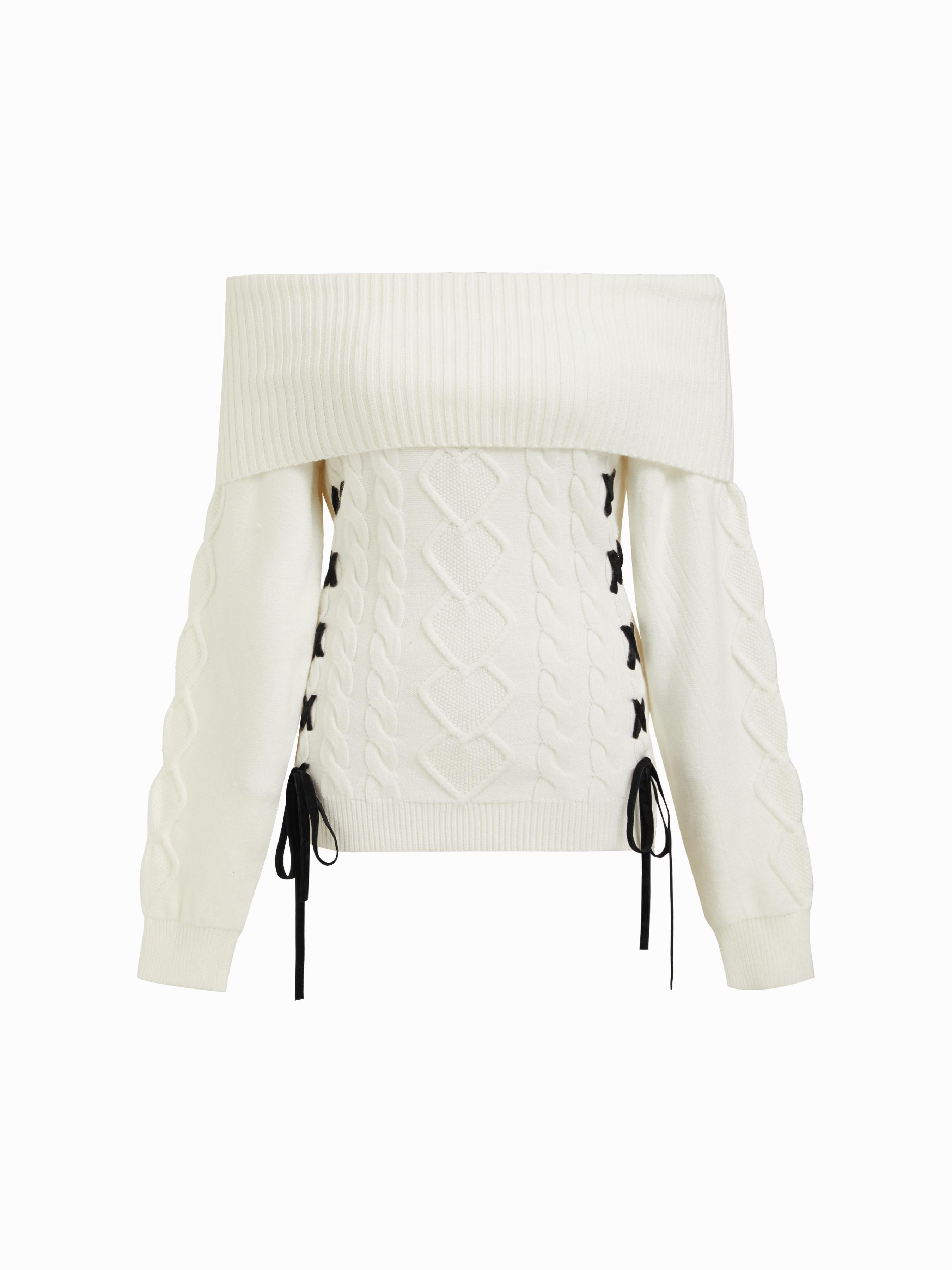 Cable Knit Asymmetrical Neck Bowknot Side Tie Top by CIDER