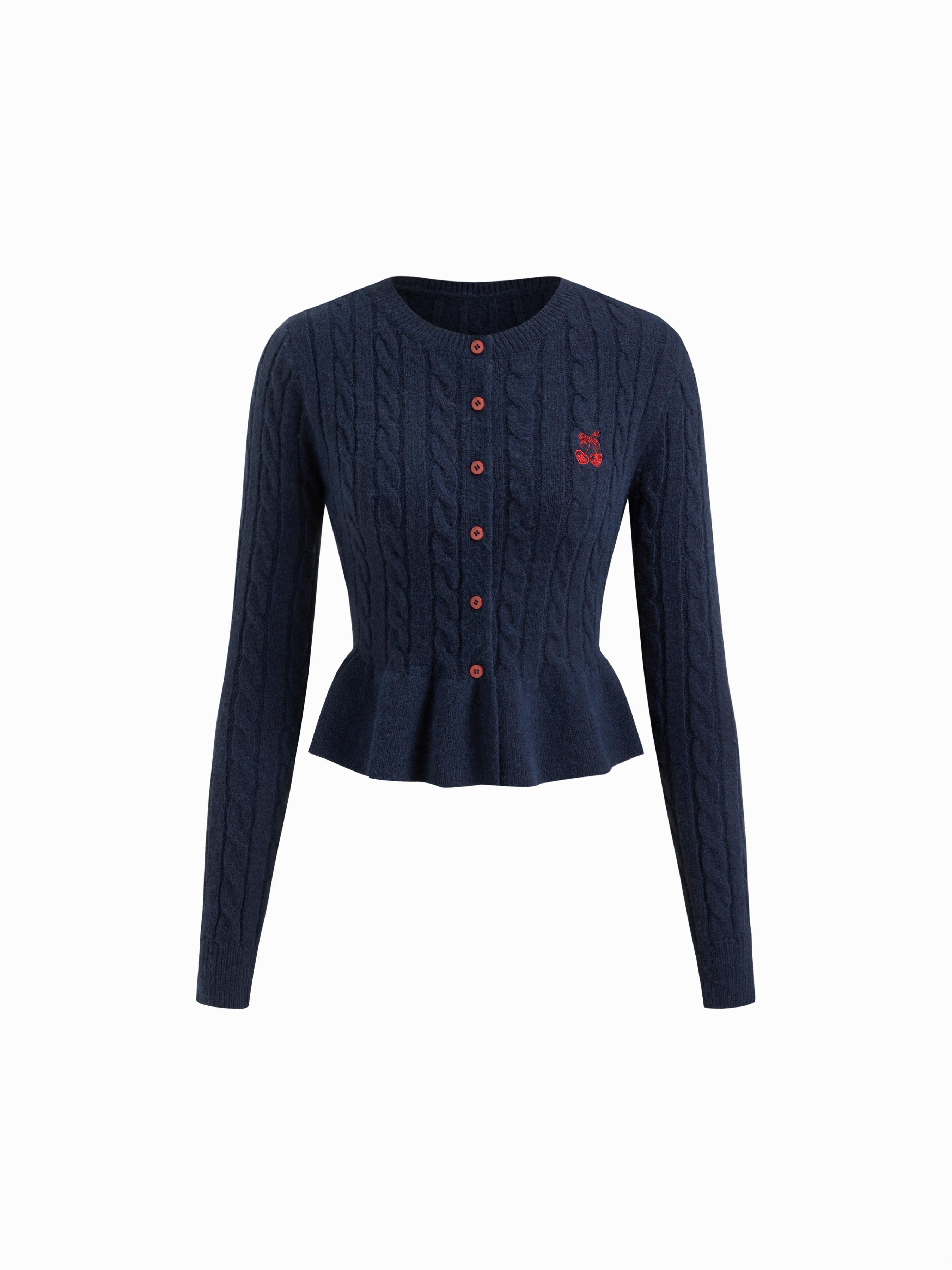 Cable Knit Cherry Embroidery Long Sleeve Ruffle Hem Cardigan by CIDER