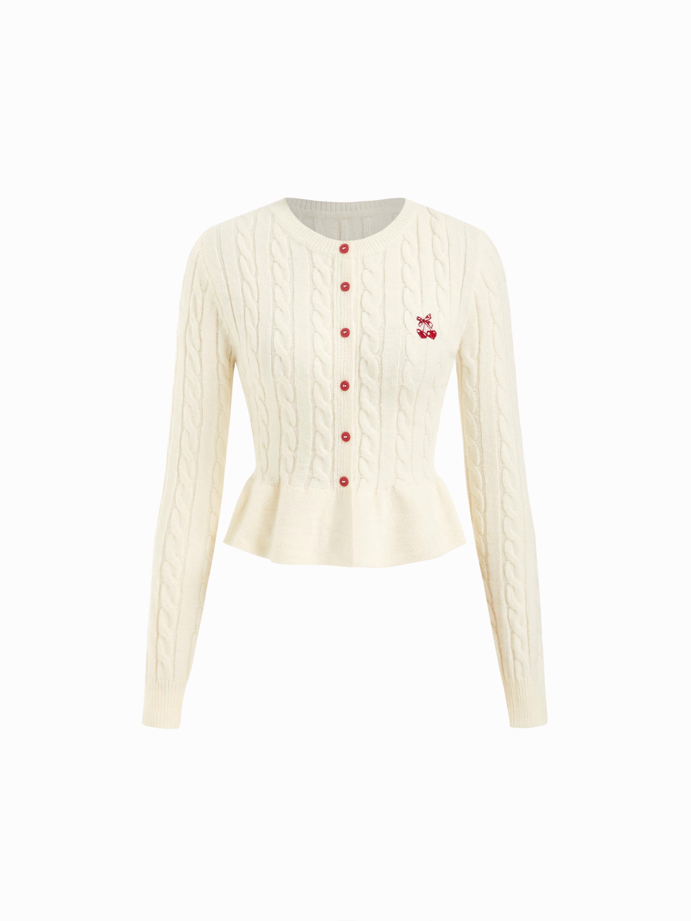 Cable Knit Cherry Embroidery Long Sleeve Ruffle Hem Cardigan by CIDER