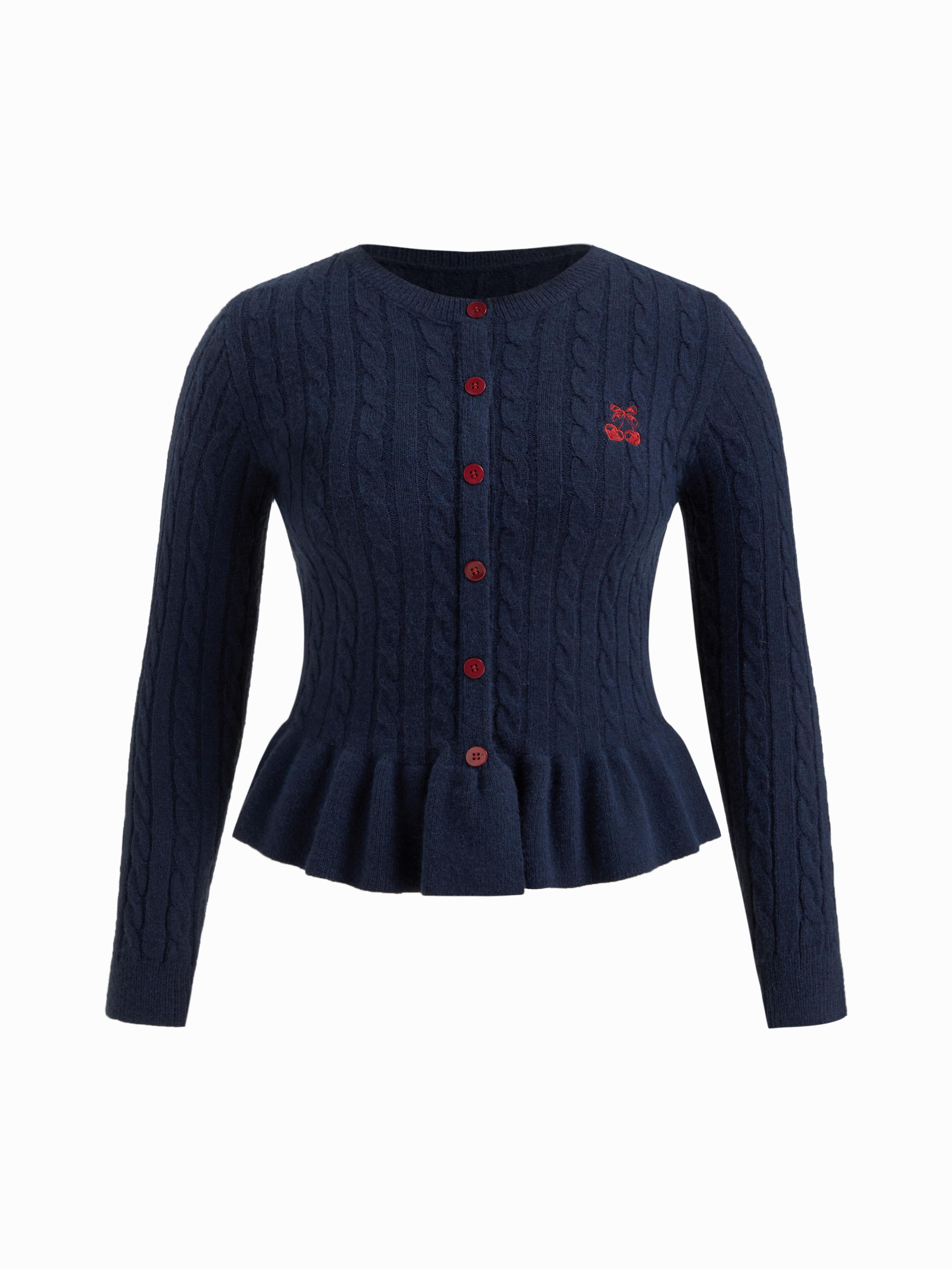 Cable Knit Cherry Embroidery Long Sleeve Ruffle Hem Top Curve & Plus by CIDER