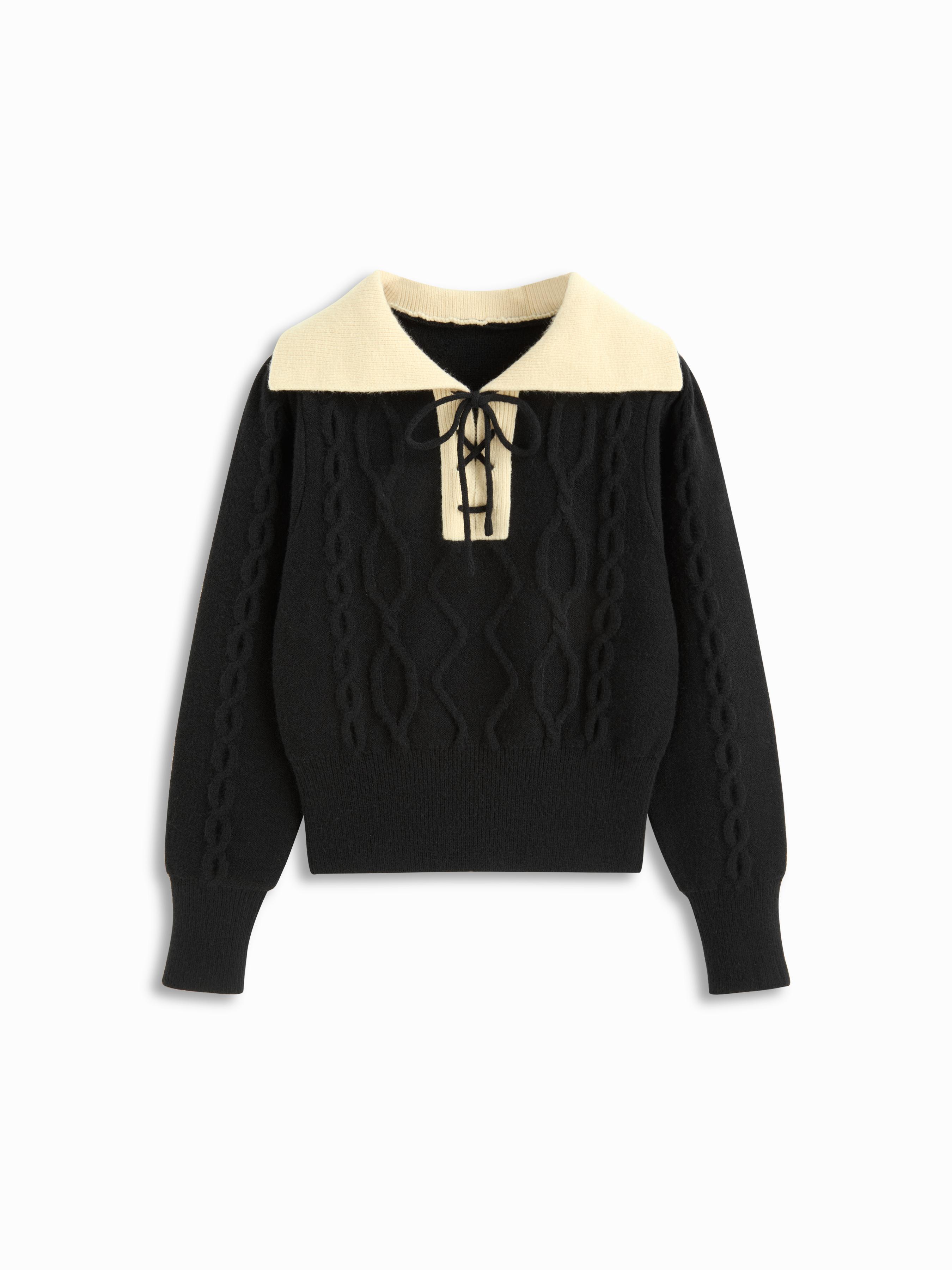 Cable Knit Collar Colorblock Lace Up Long Sleeve Top by CIDER