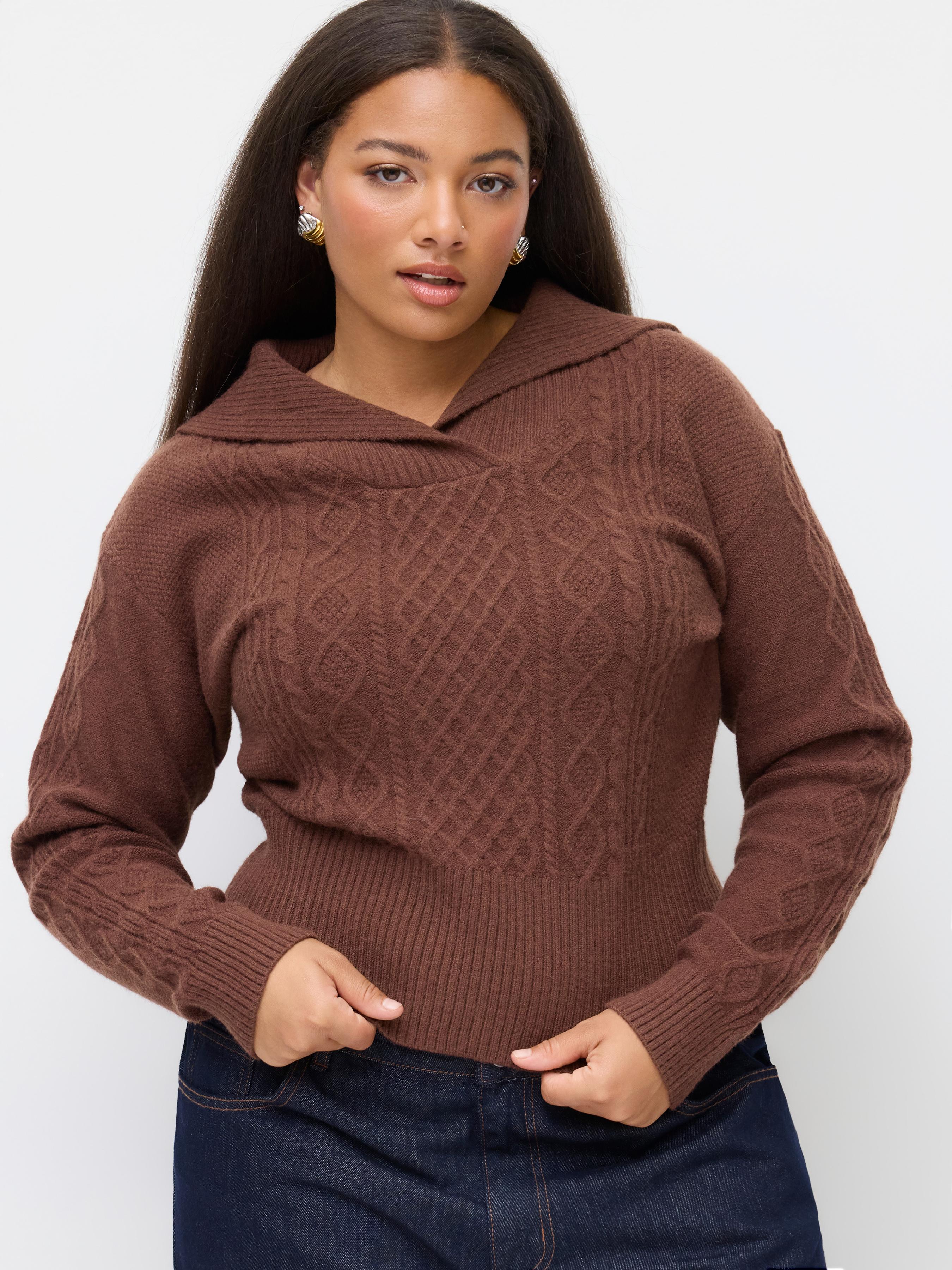 Cable Knit Collar Long Sleeve Cinched Waist Sweater Curve & Plus by CIDER