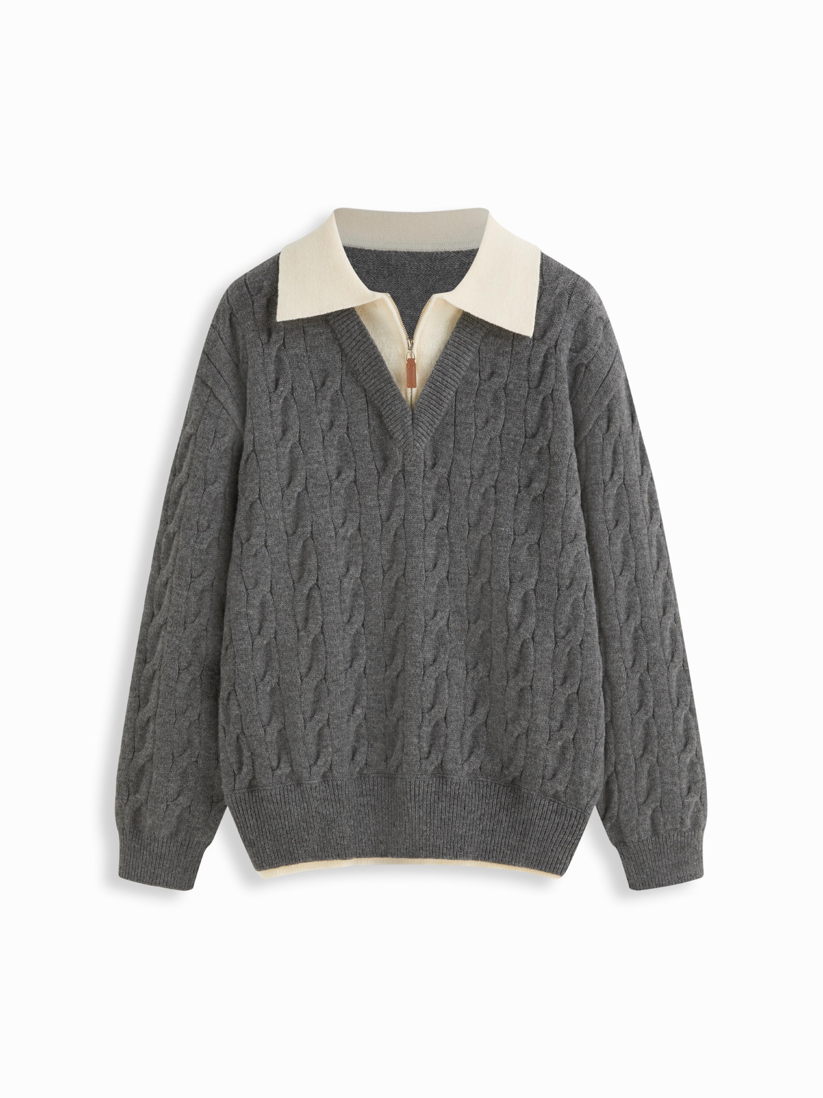 Cable Knit Collar Long Sleeve Two Tone Oversized Top by CIDER