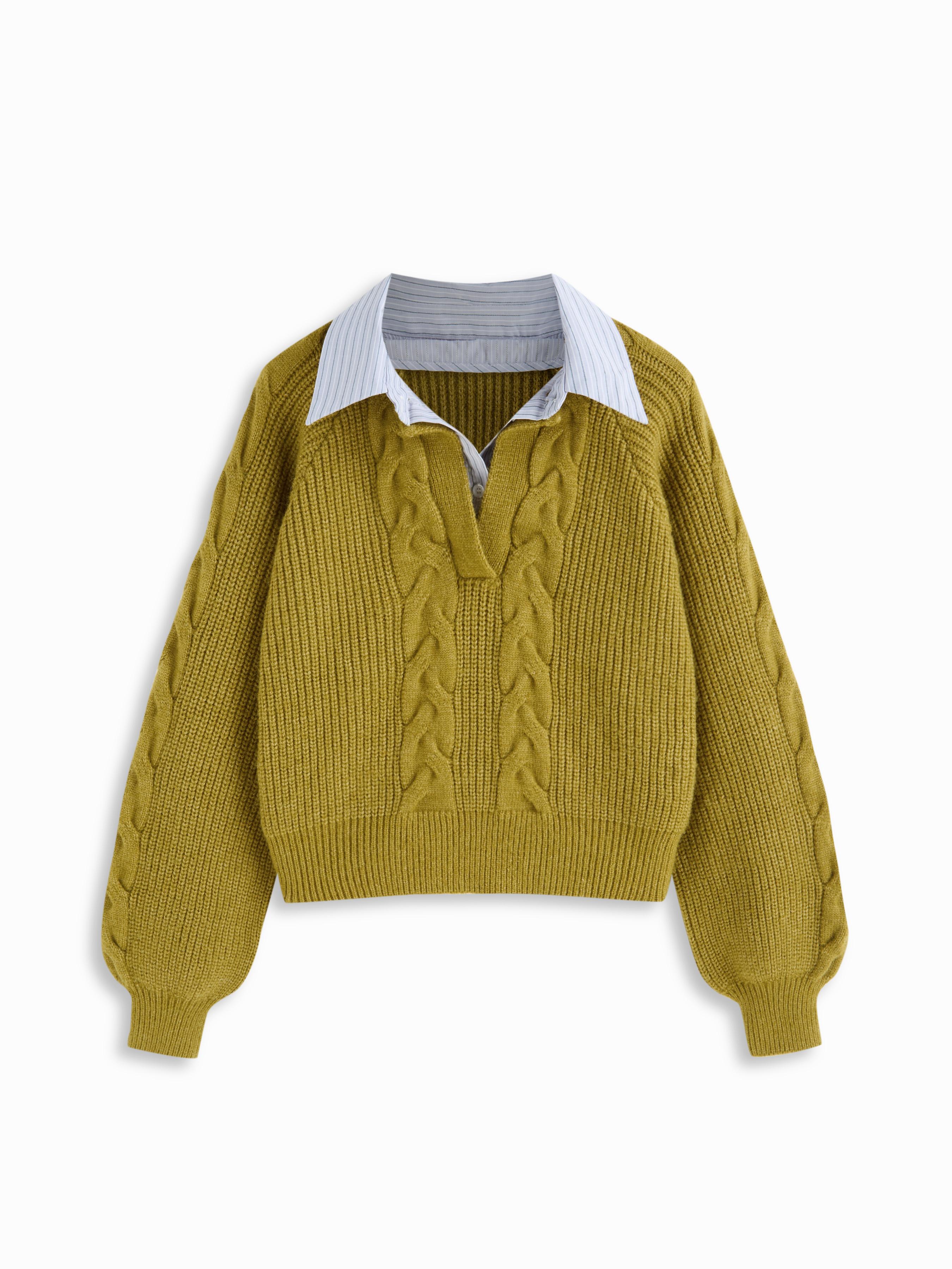 Cable Knit Collar Two Tone Long Sleeve Top by CIDER