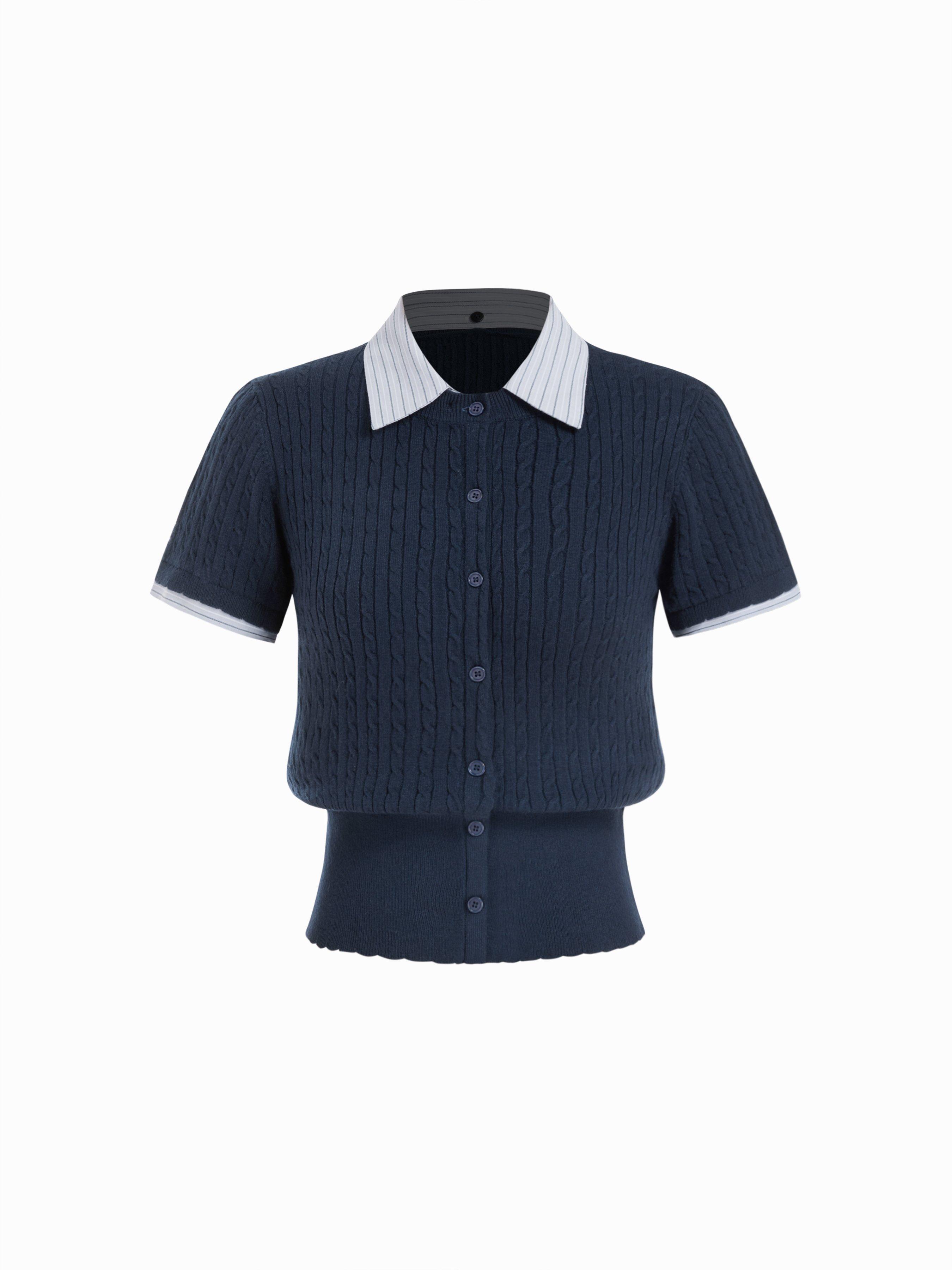 Cable Knit Contrast Stripe Polo Neck Button Through Short Sleeve Cardigan by CIDER