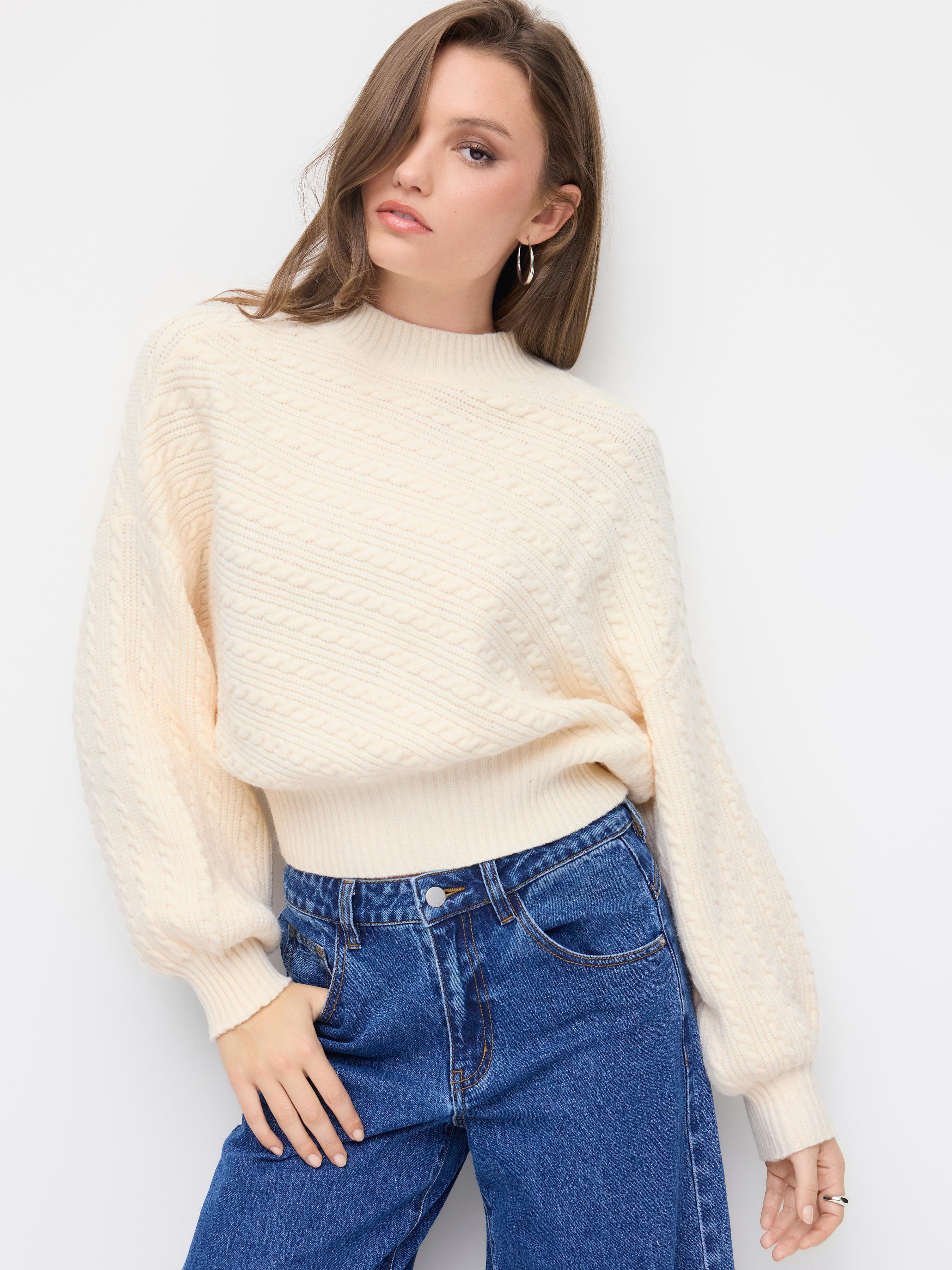 Cable Knit High Neck Lantern Sleeve Oversized Top by CIDER