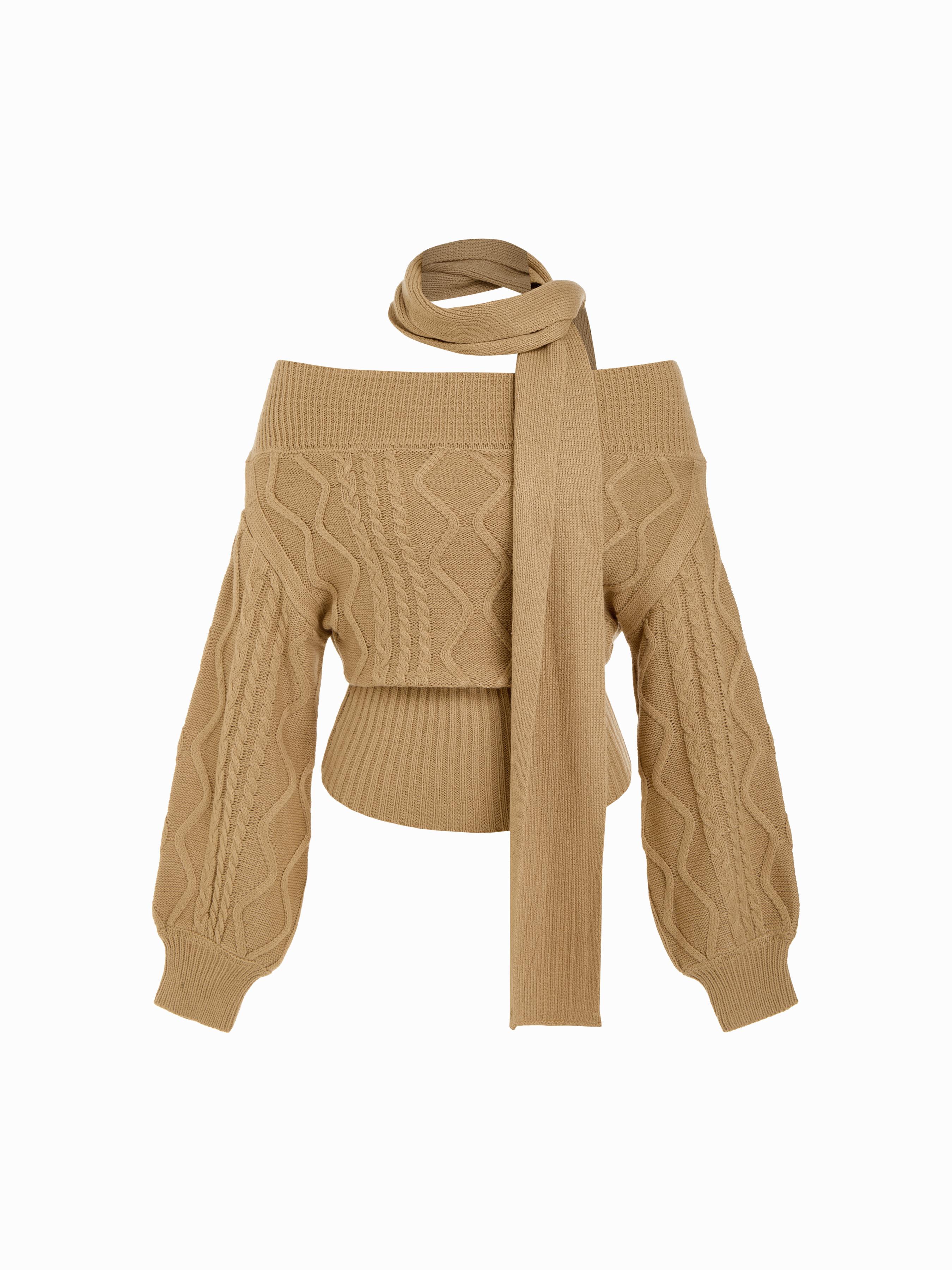 Cable Knit Off-shoulder Lantern Sleeve Cinched Waist Top With Scarf by CIDER
