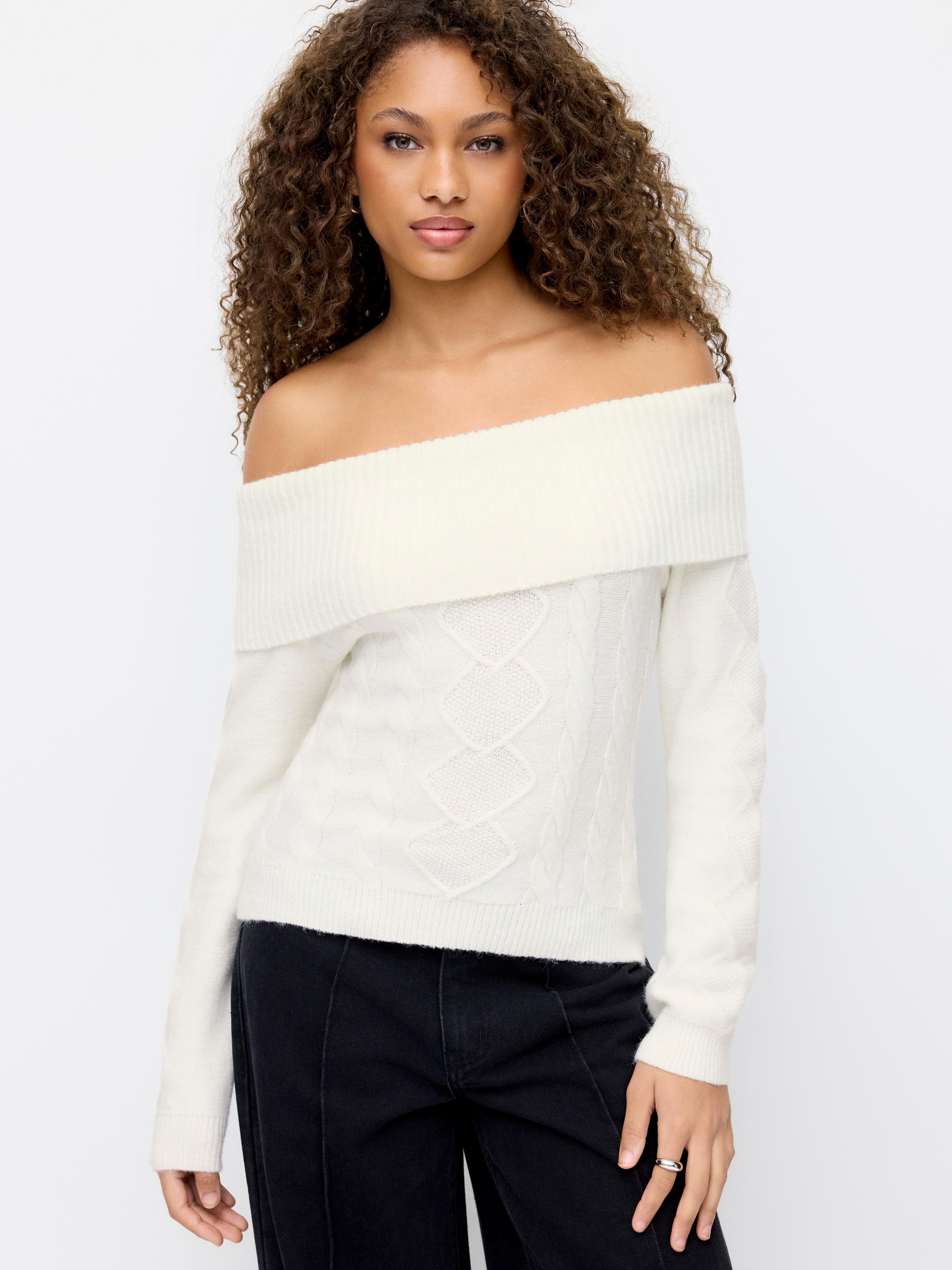 Cable Knit Off-shoulder Long Sleeve Top by CIDER