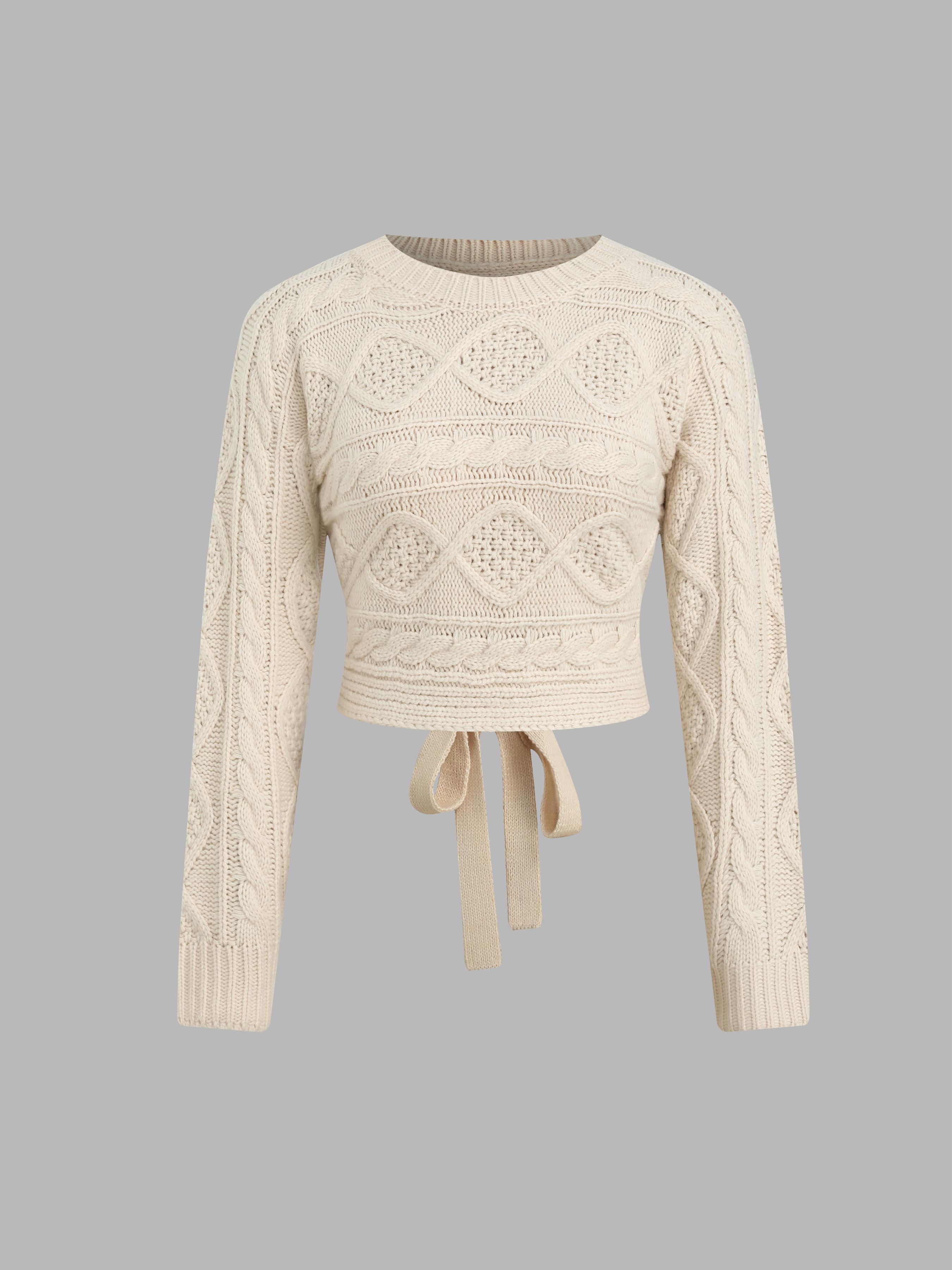 Cable Knit Round Neck Cut Out Knotted Sweater by CIDER