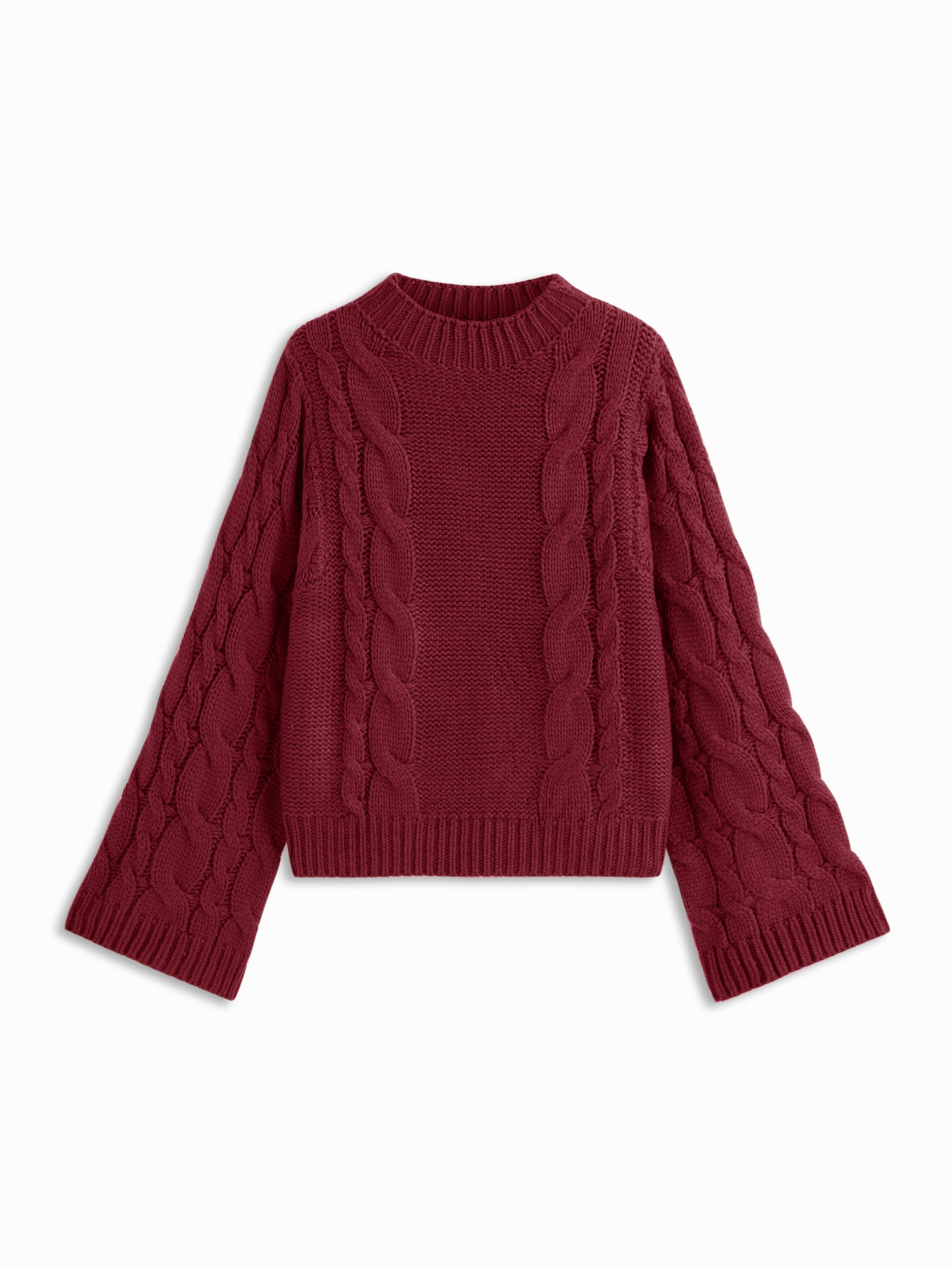 Cable Knit Round Neck Long Bell Sleeve Oversized Sweater by CIDER