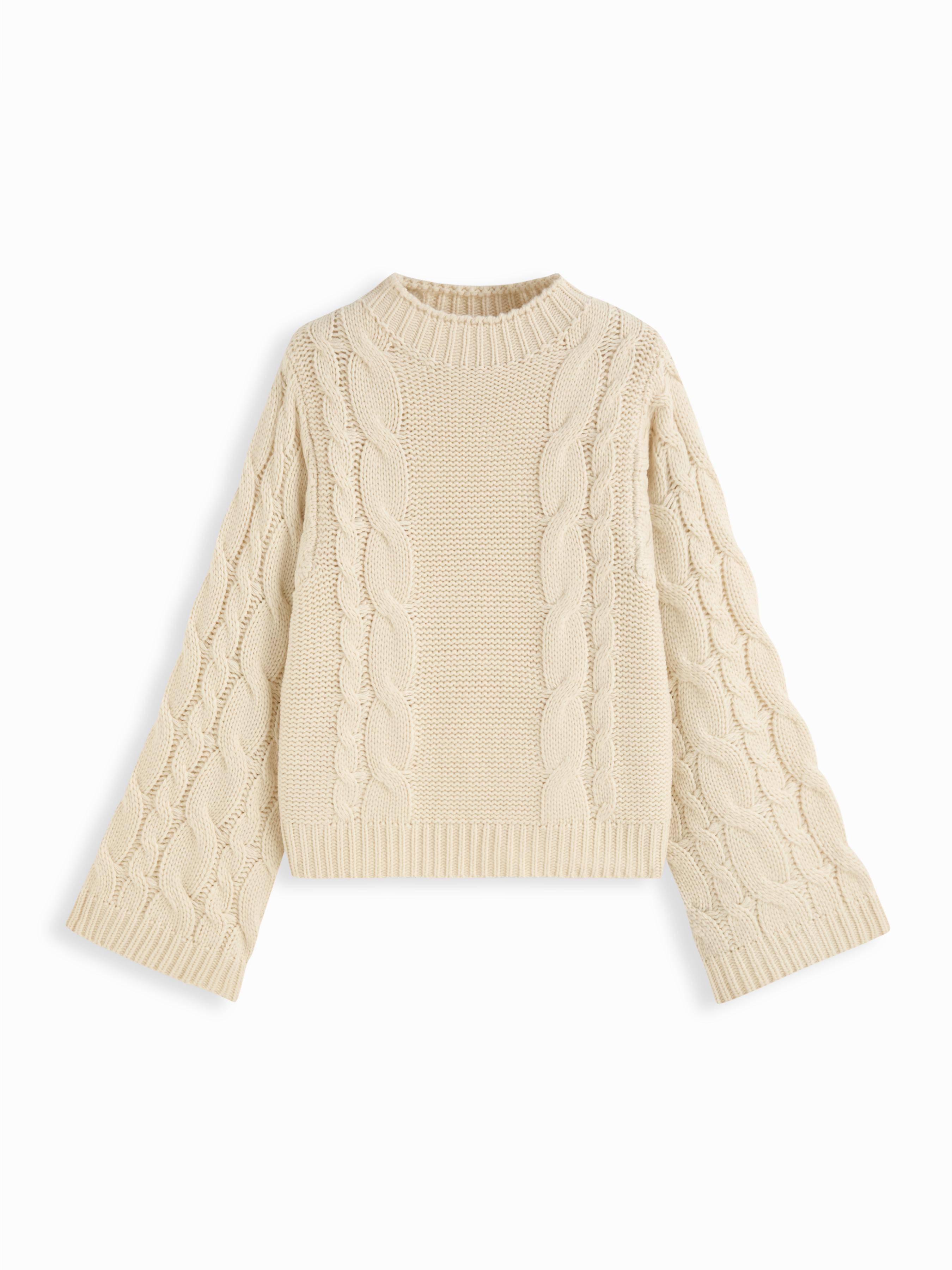 Cable Knit Round Neck Long Bell Sleeve Oversized Sweater by CIDER