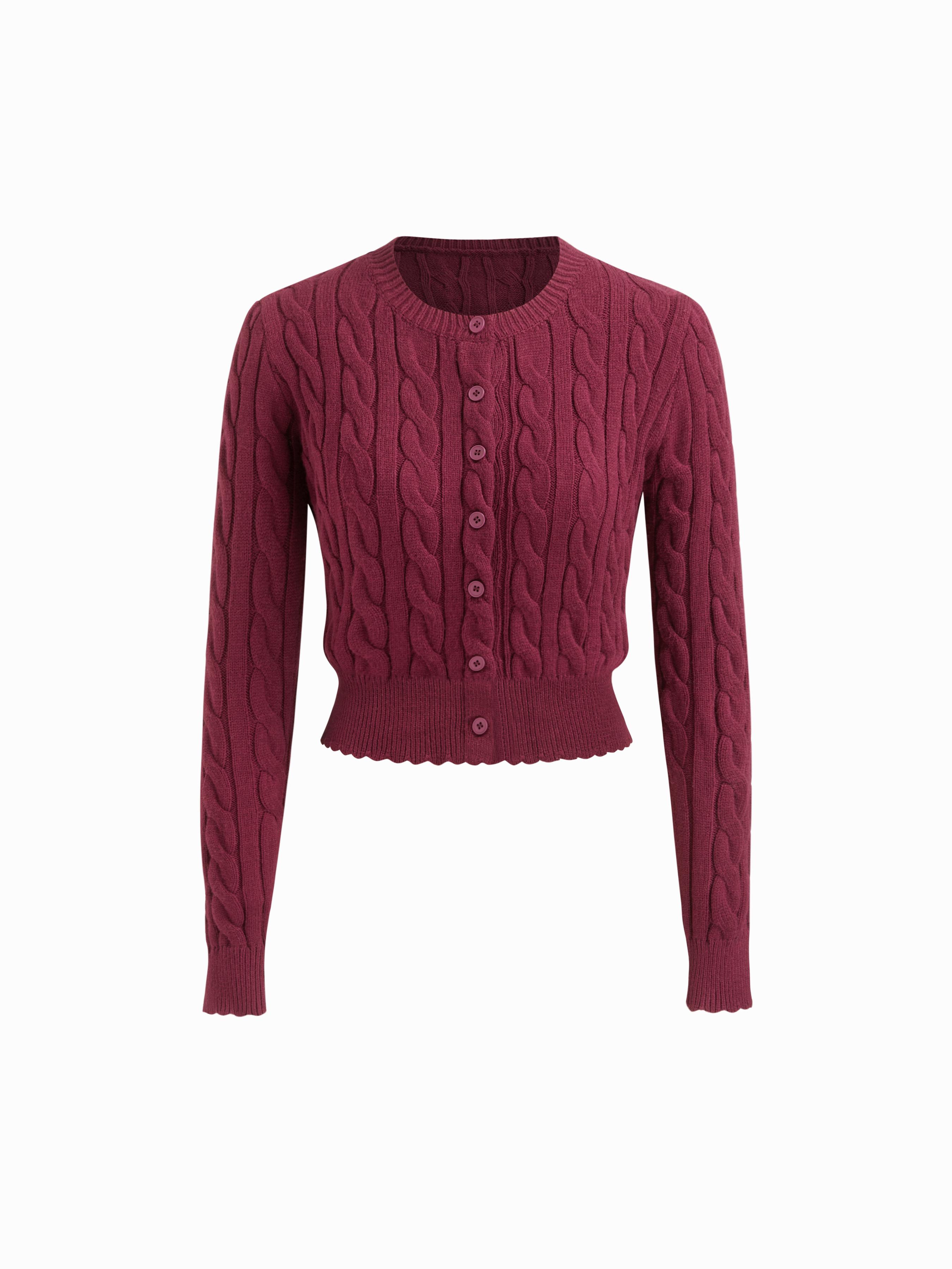 Cable Knit Round Neckline Button Up Cinched Waist Cardigan by CIDER