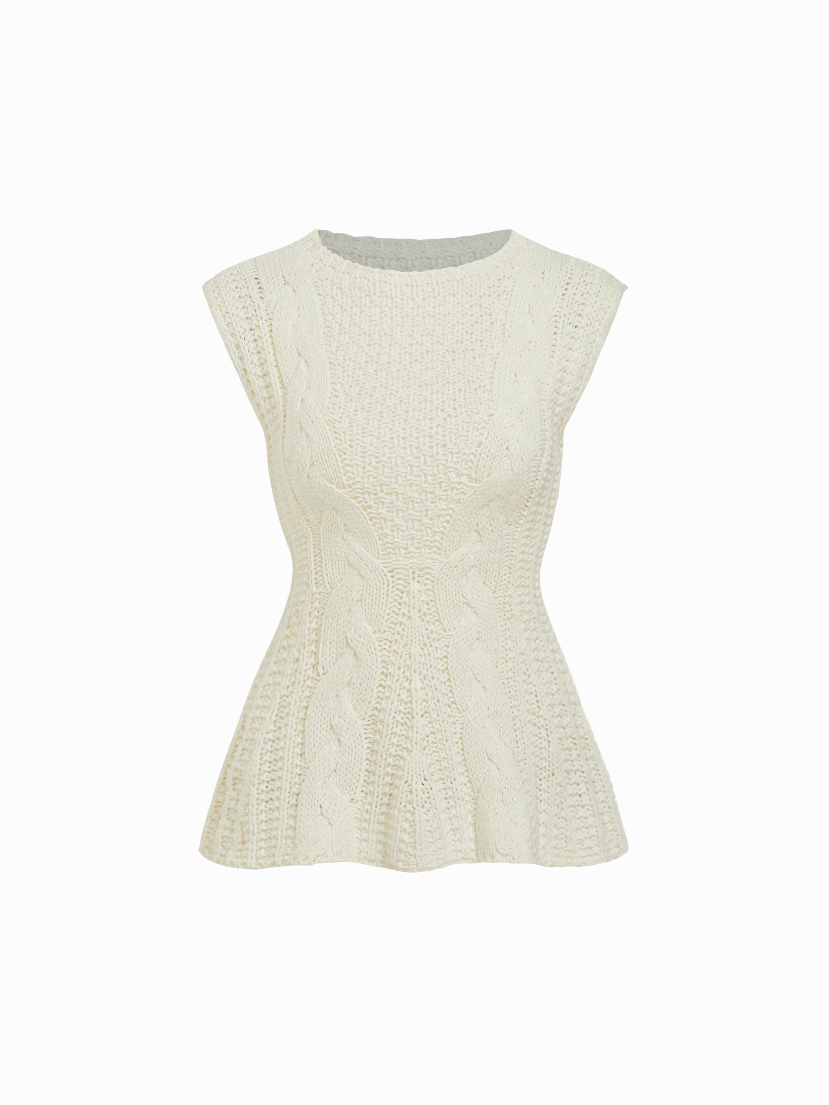 Cable Knit Round Neckline Cinched Waist Longline Vest by CIDER