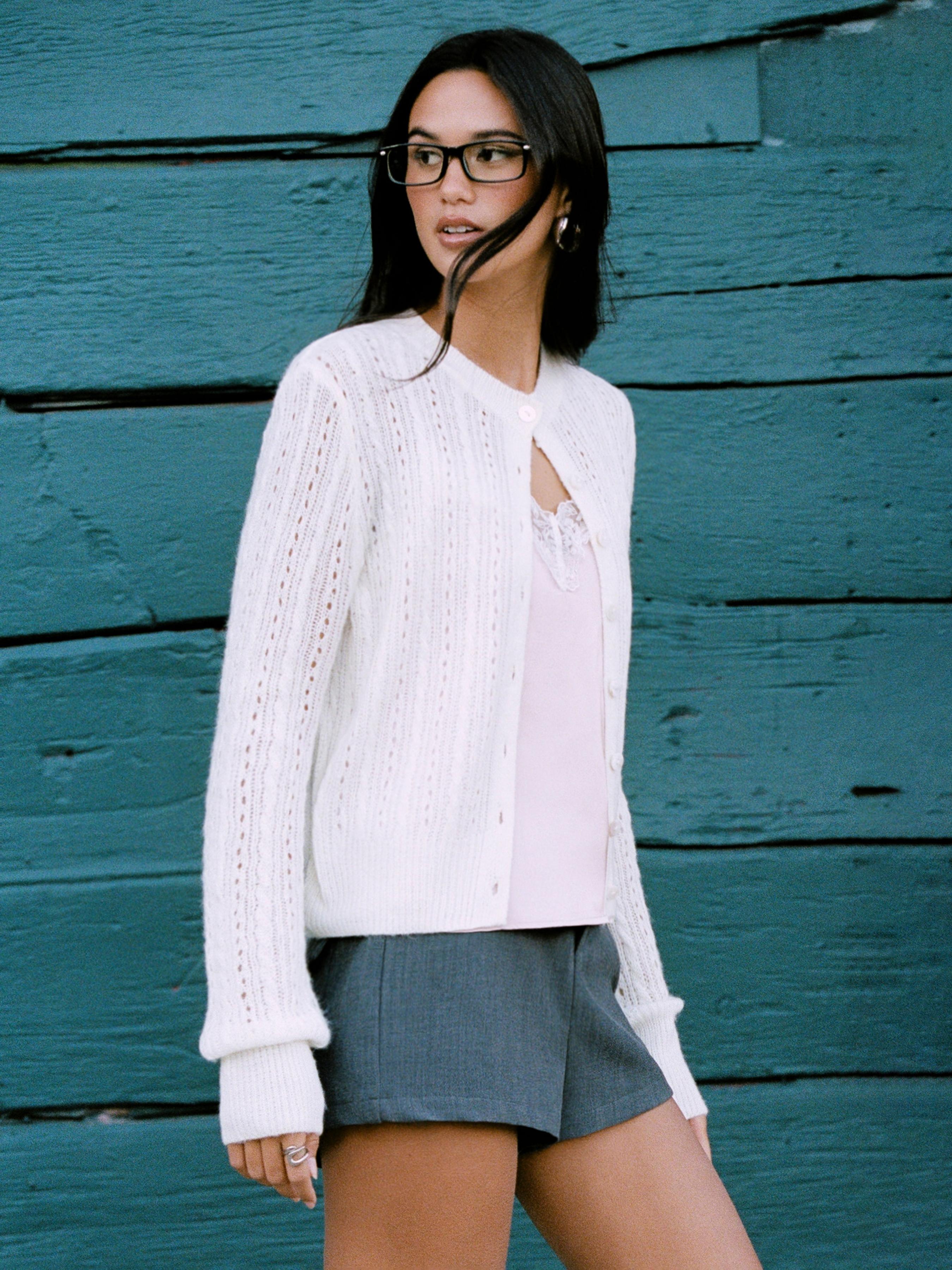 Cable Knit Round Neckline Hollow Out Cardigan by CIDER