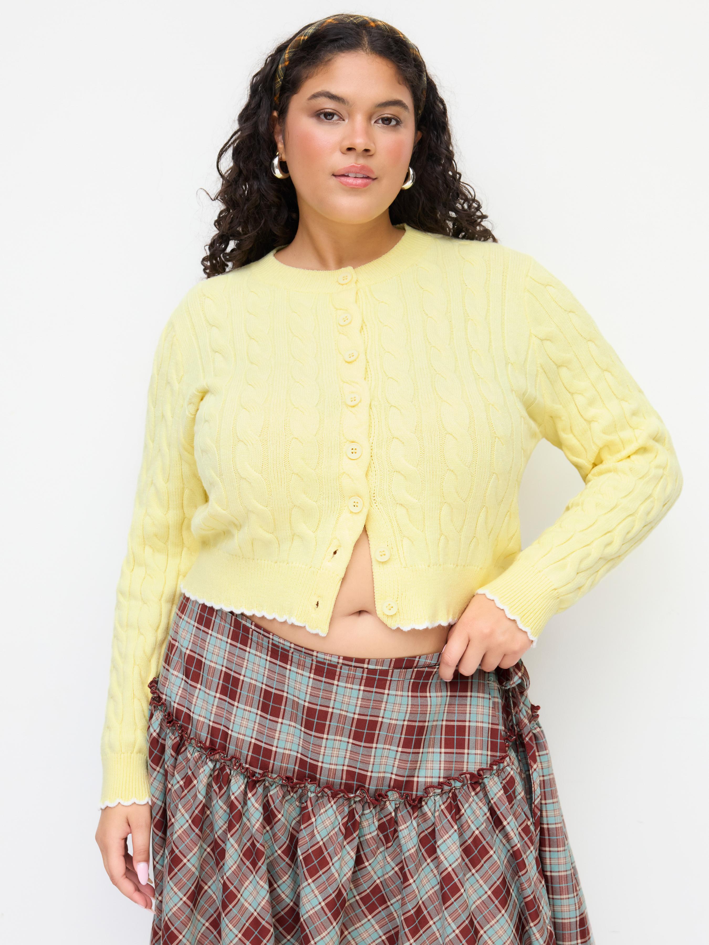 Cable Knit Round Neckline Long Sleeve Cardigan Curve & Plus by CIDER