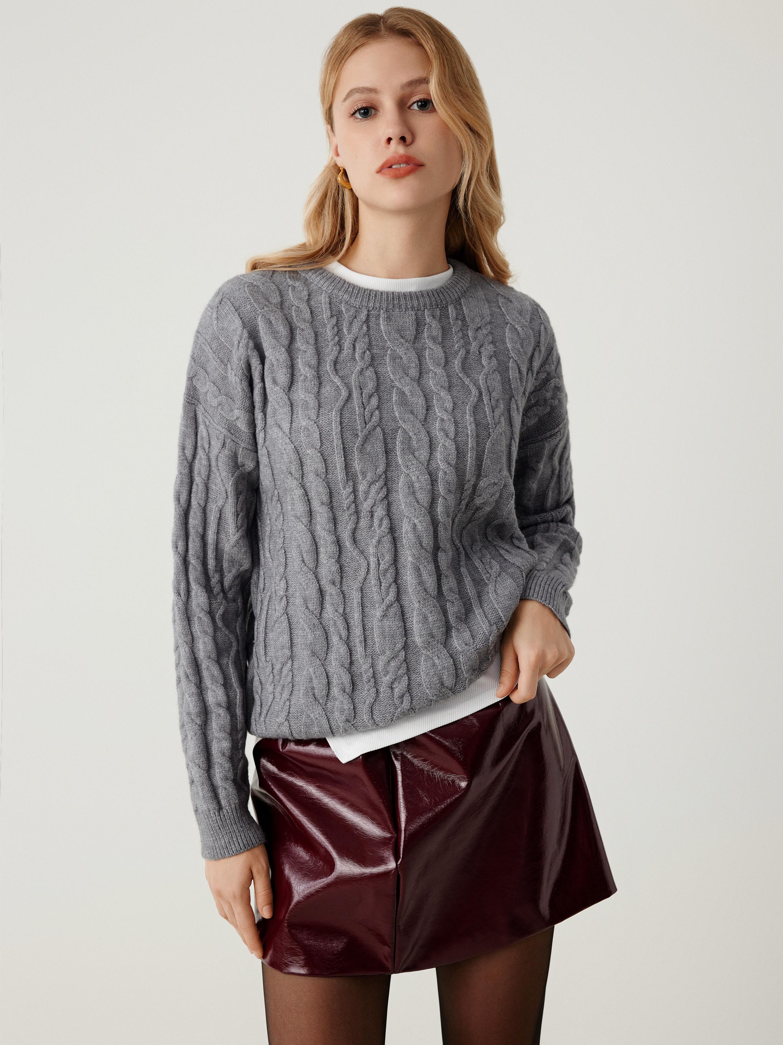 Cable Knit Round Neckline Long Sleeve Sweater by CIDER