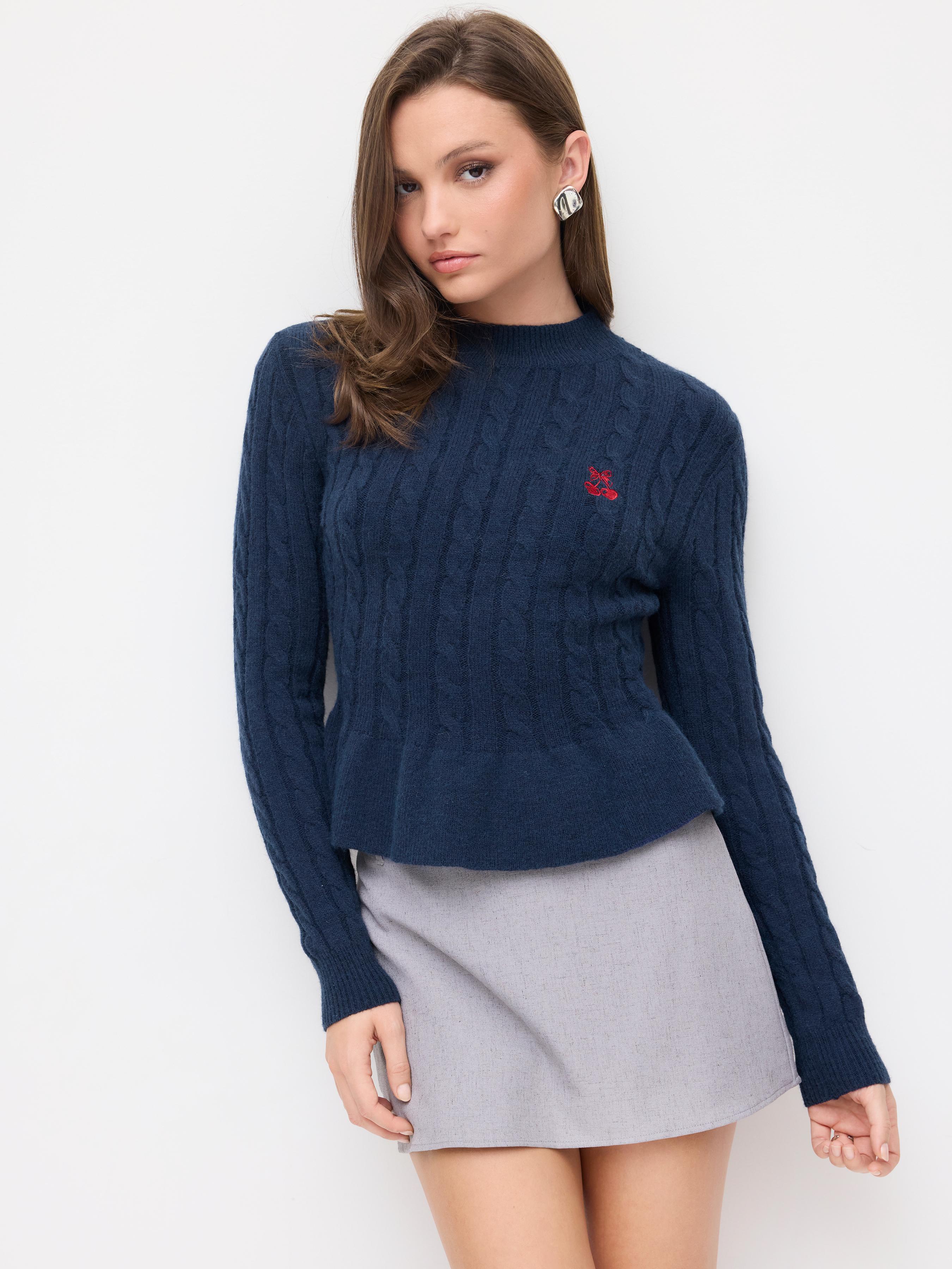 Cable Knit Stand Collar Cherry Embroidery Peplum Sweater by CIDER